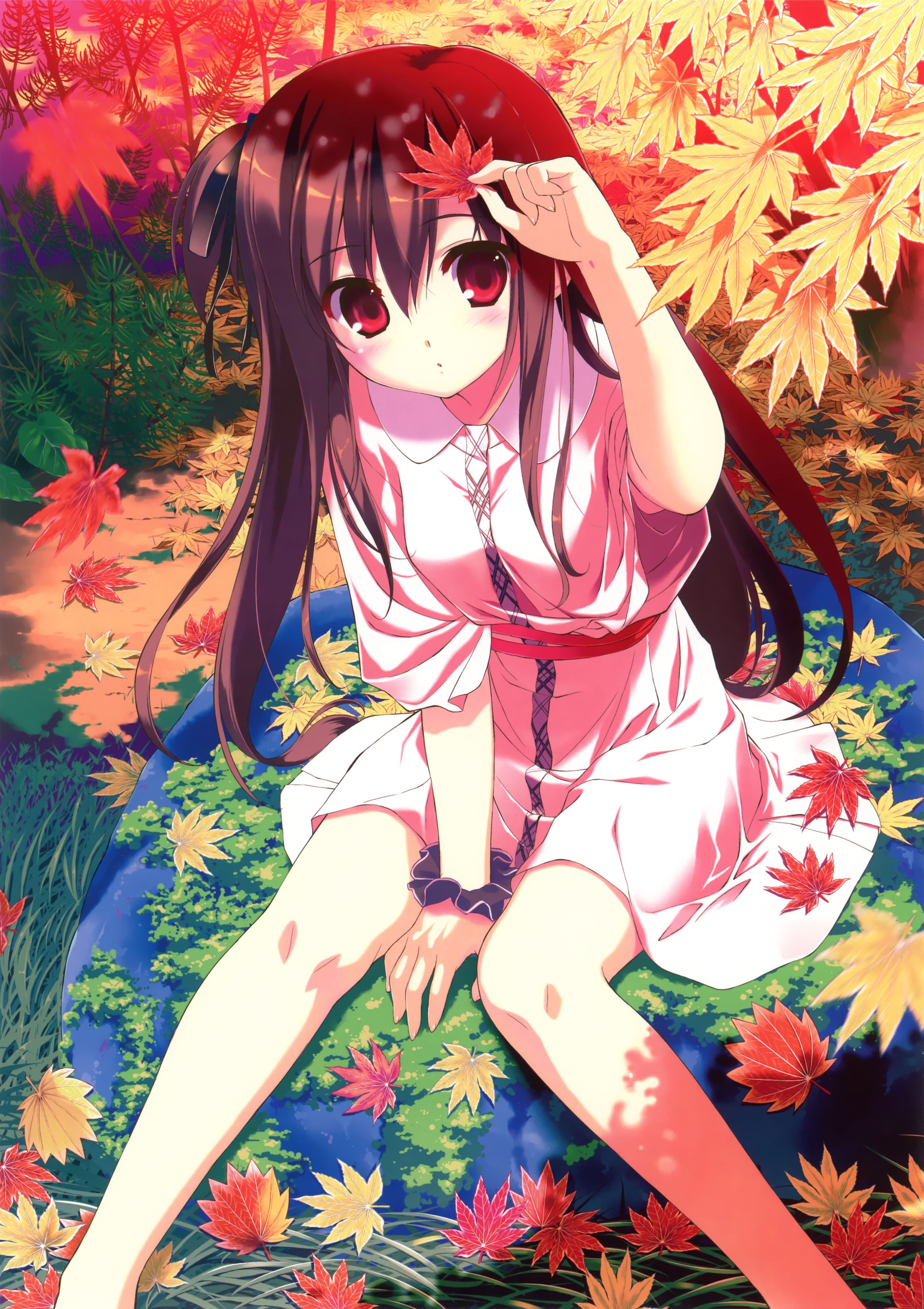 3248x4602 leaves, Long, Hair, Red, Eyes, Yukata, Anime, Girls, Autumn, Leaves, Fumio Wallpaper HD / Desktop and Mobile Background