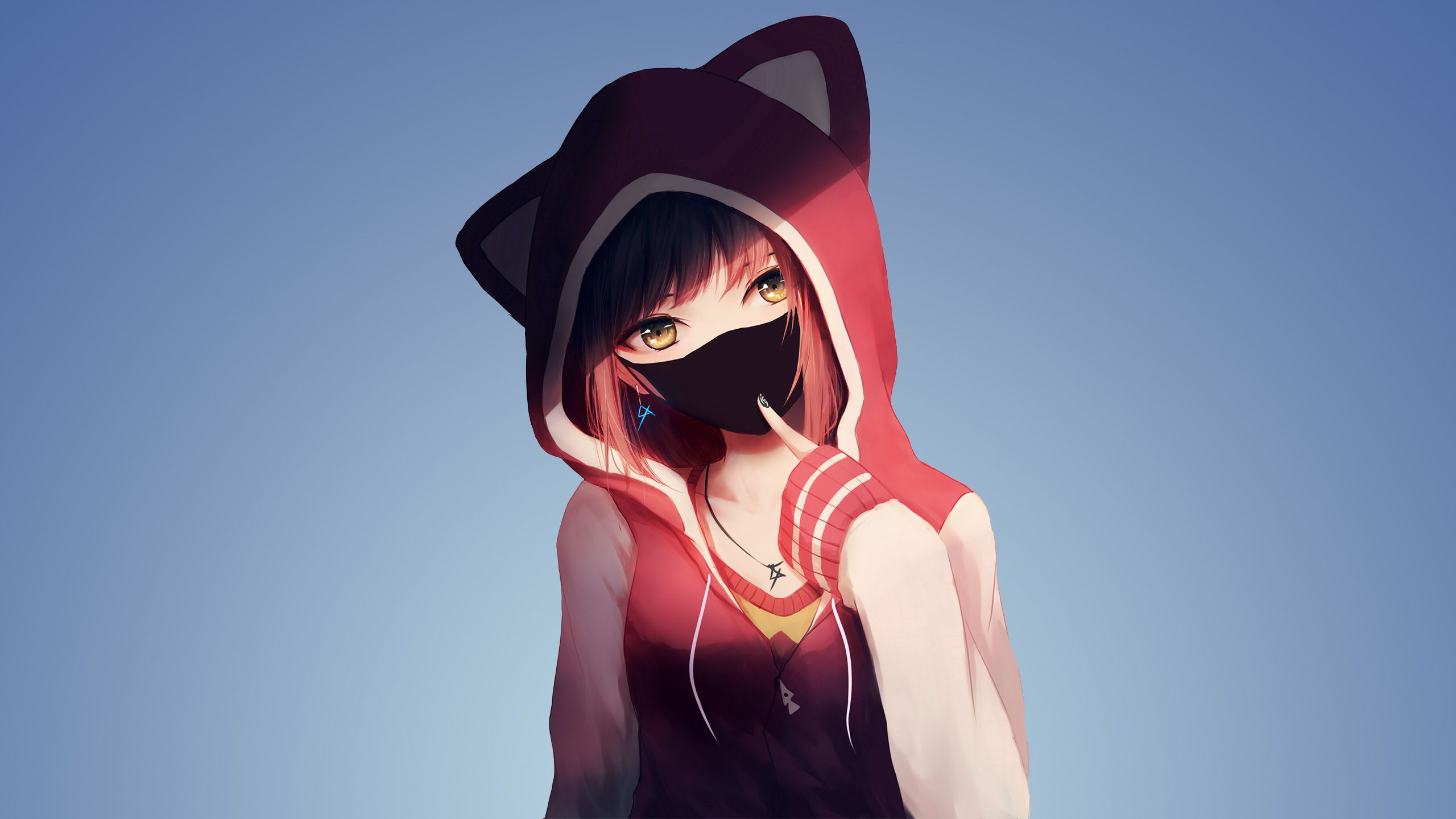 2560x1440 Wallpaper Woman in Black and Red Hoodie Anime Character, Background Free Image