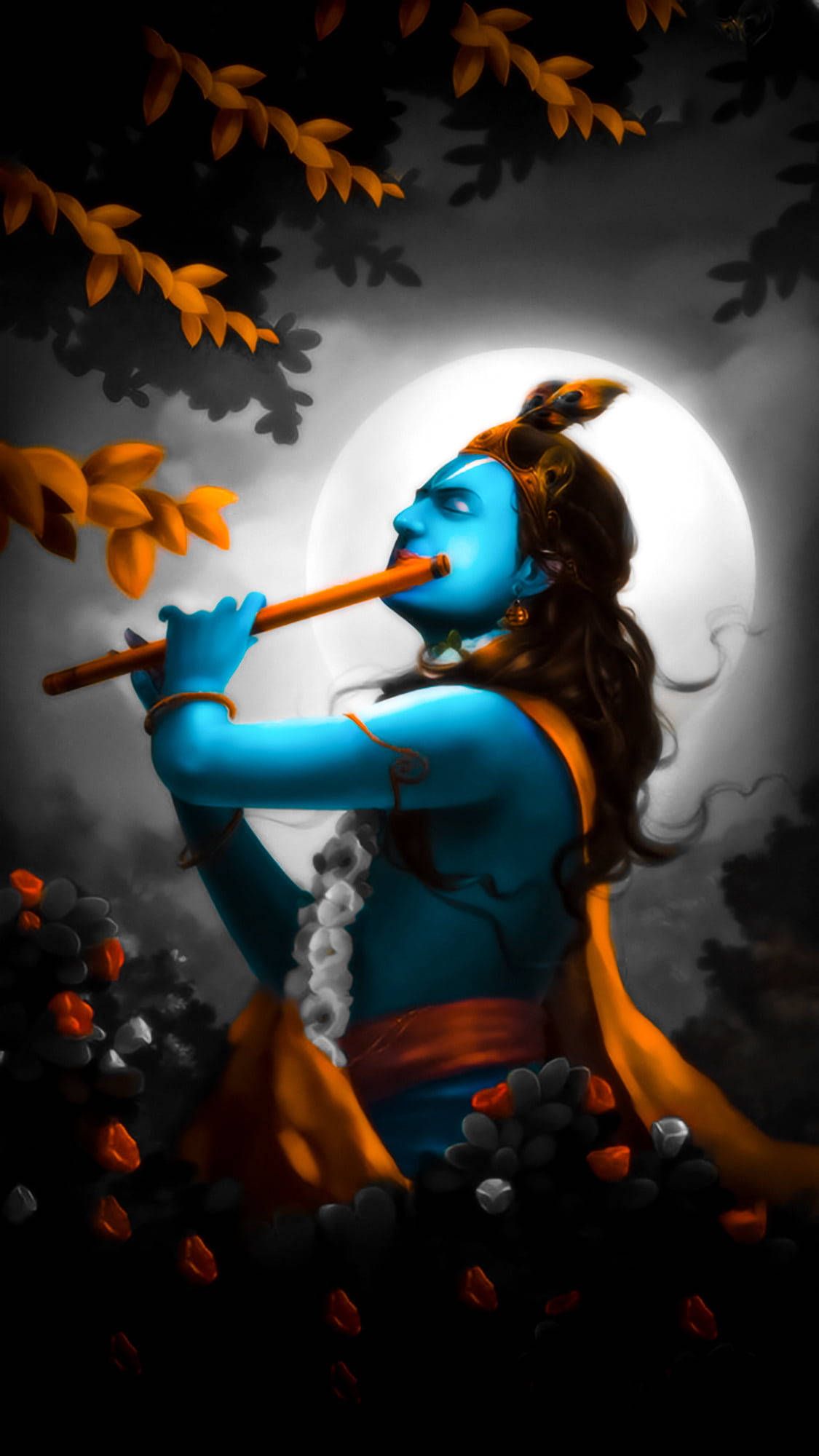 1125x2000 Download Krishna God 3D Moonlit Performance Wallpaper