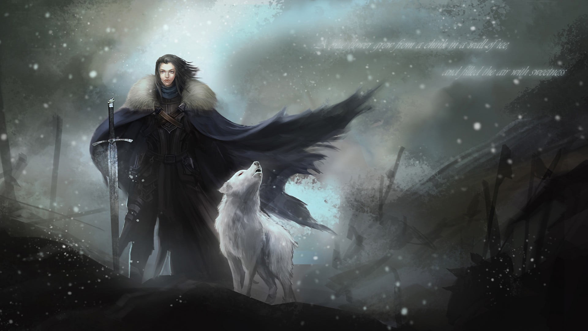 1920x1080 John Snow 3D wallpaper, Game of Thrones, direwolves, sword, quote HD wallpaper