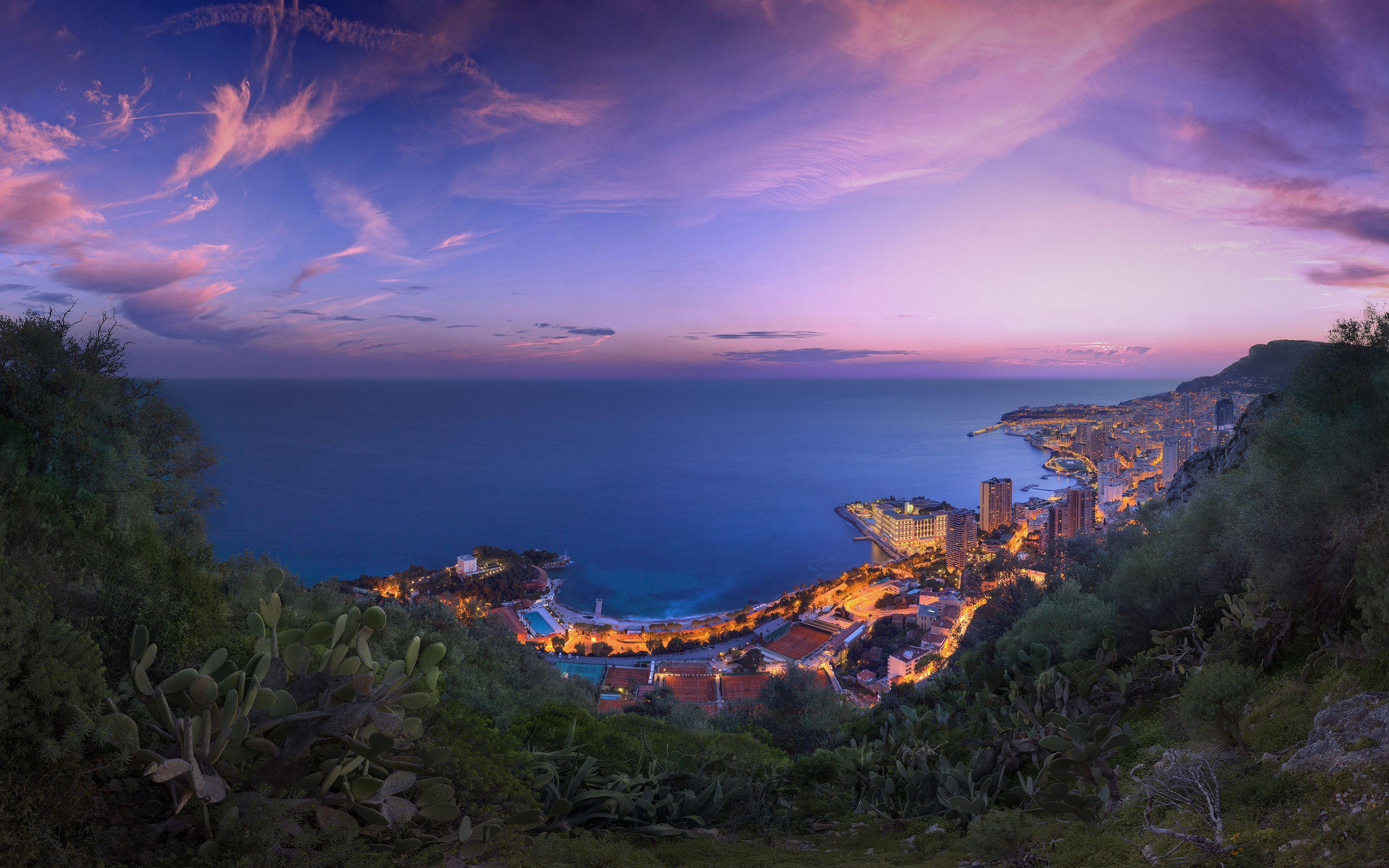 2880x1800 Monaco French Riviera Sea Sky Seascape Evening Sunset Cloud City Coastline Wallpaper:2880x1800