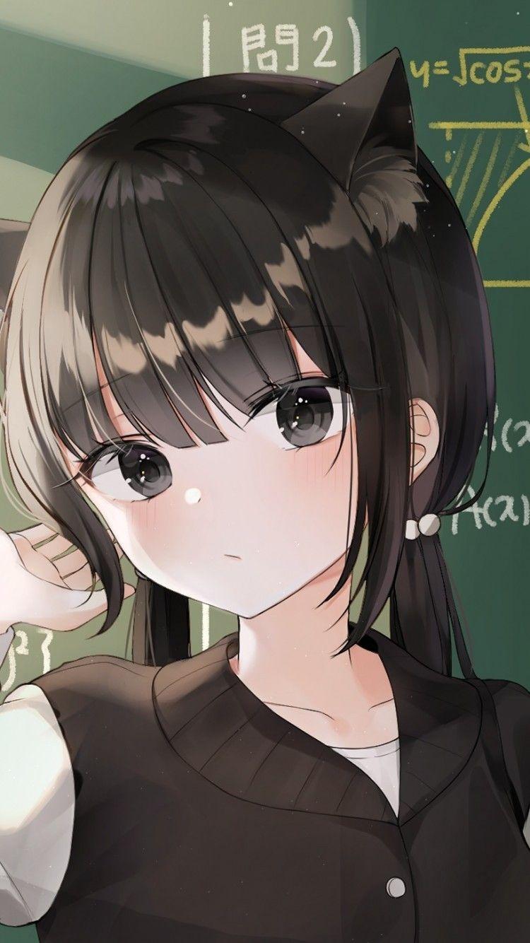 750x1334 Download 750x1334 Cute Anime Girl, Black Hair, Animal Ears, Cat Girl Wallpaper for iPhone iPhone 6