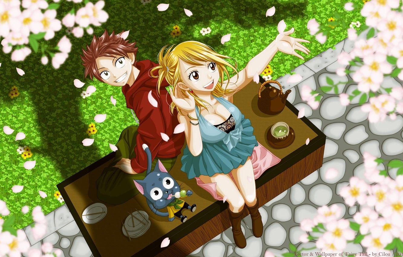 1332x850 Wallpaper girl, spring, the tea party, guy, happy, flowering, fairy tail, lucy heartfilia, natsu dragneel image for desktop, section сёнэн