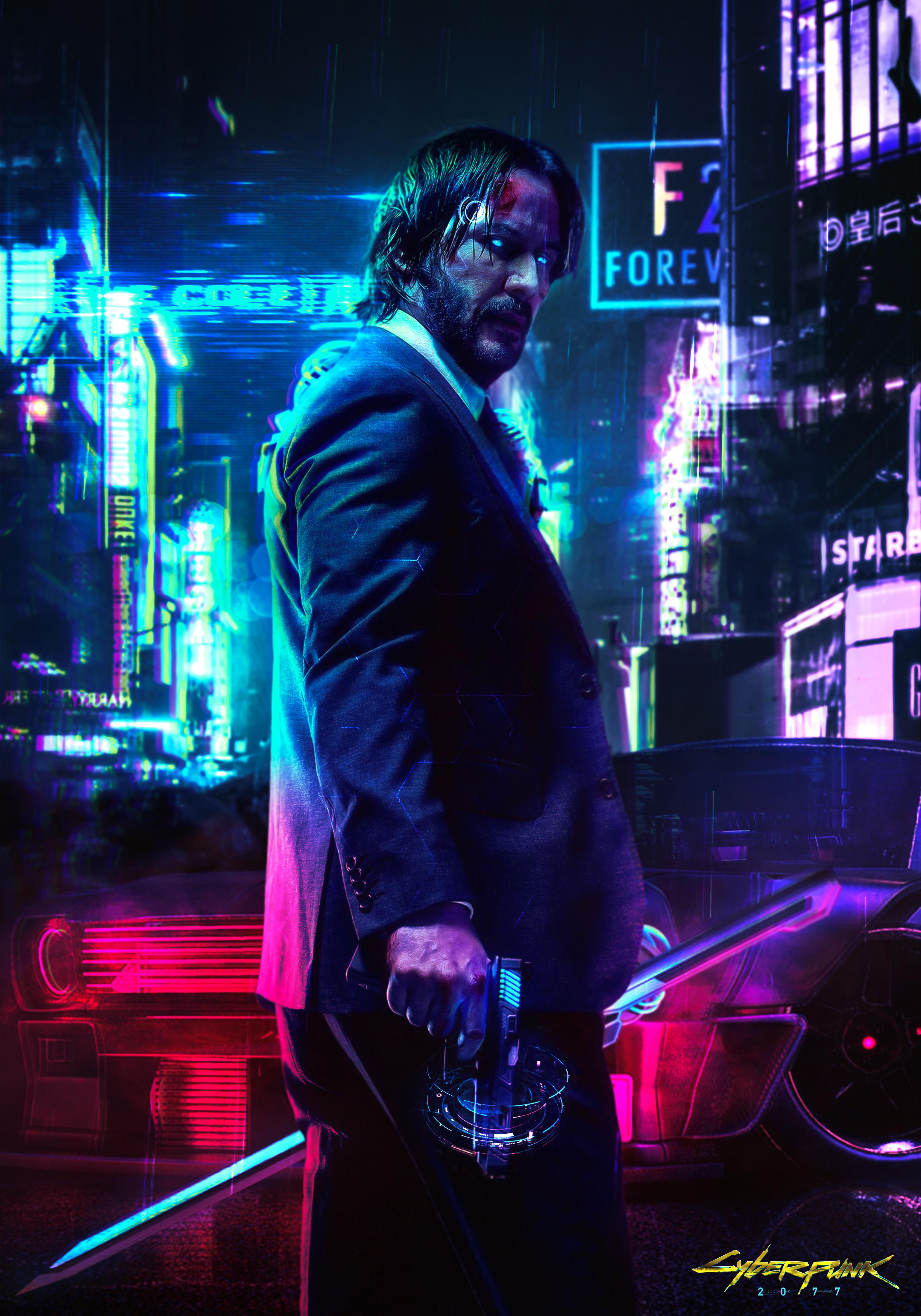 3500x5000 Cyberpunk 2077 4K Wallpaper, John Wick, Keanu Reeves, Graphics CGI