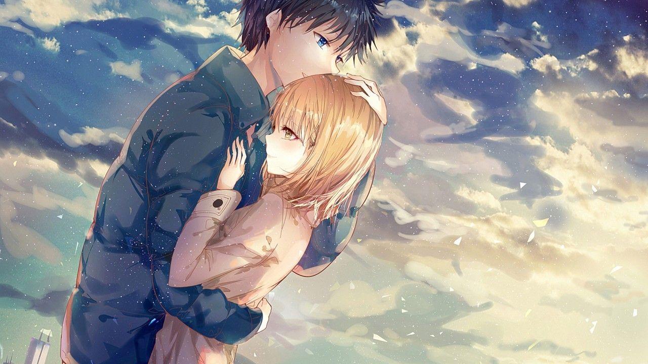 1280x720 Download 1280x720 Anime Couple, Hug, Romance, Clouds, Scenic Wallpaper