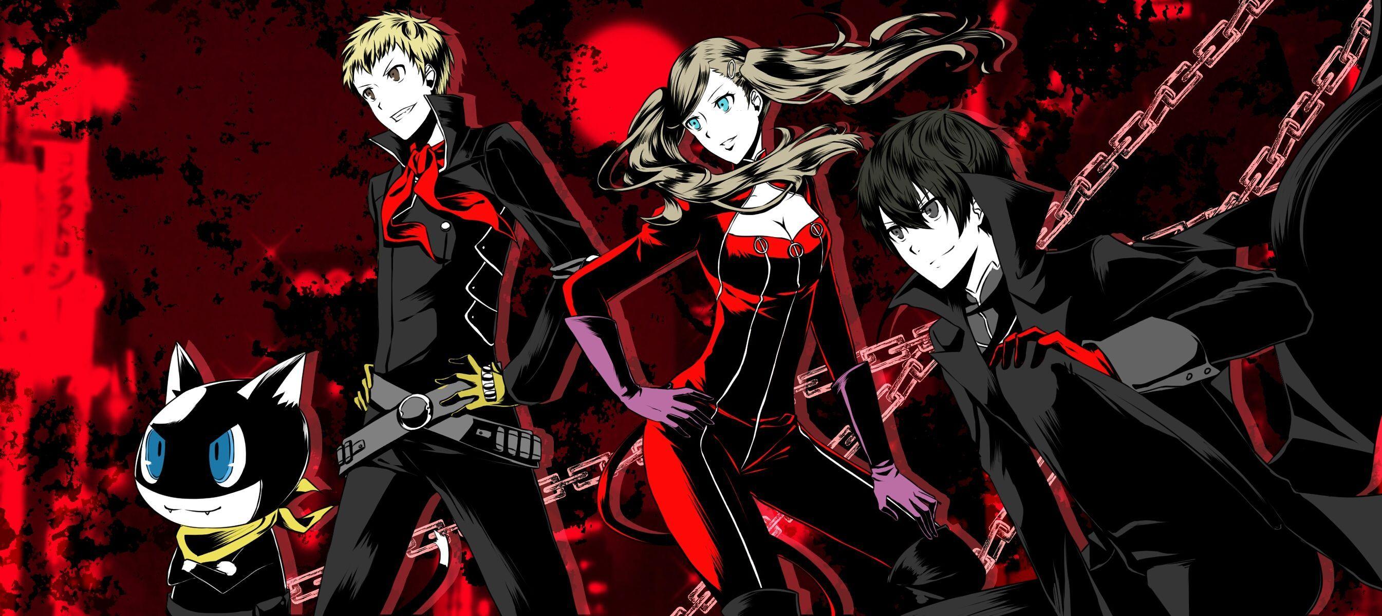2690x1200 Artist: Pixiv Id 3955834. Shin Megami Tensei: Persona 5. Joker. Kurusu Akira. Morgana. Panther. Sakamoto Ryuuji. Skull.. Persona Akira kurusu, Persona