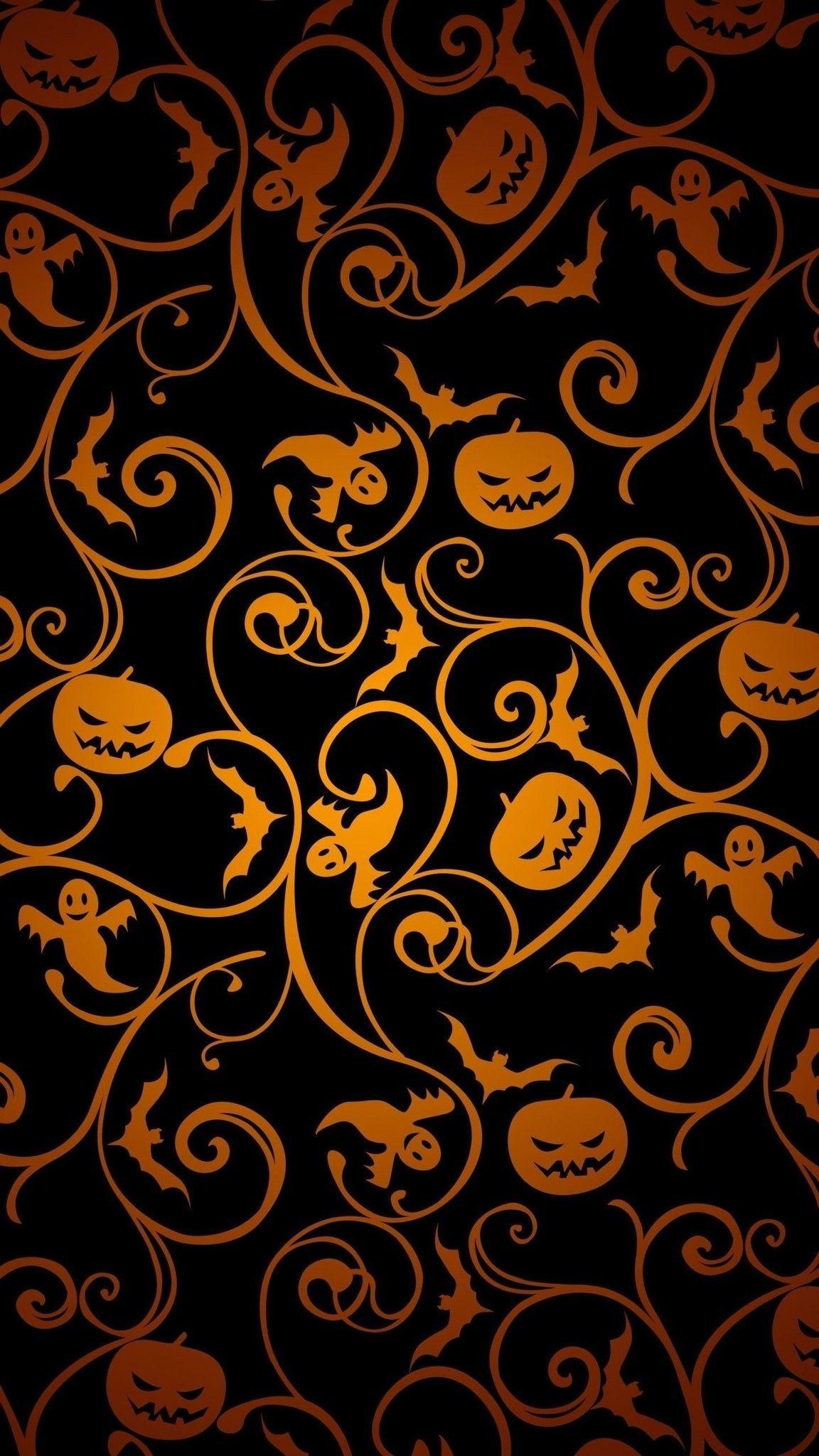1152x2048 Orange Pumpkins, Ghosts, Bats Pattern Against Black