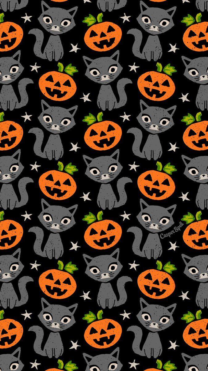 675x1200 Casper Spell's Witchy Cat & Halloween Pumpkins pattern. Feel free to save as your phone lock screen. *For Personal Use ONLY. Enjoy! #retrohalloween #halloweenpattern #witchesoftwitter #Halloween #patterns # Wallpaper #halloweenart