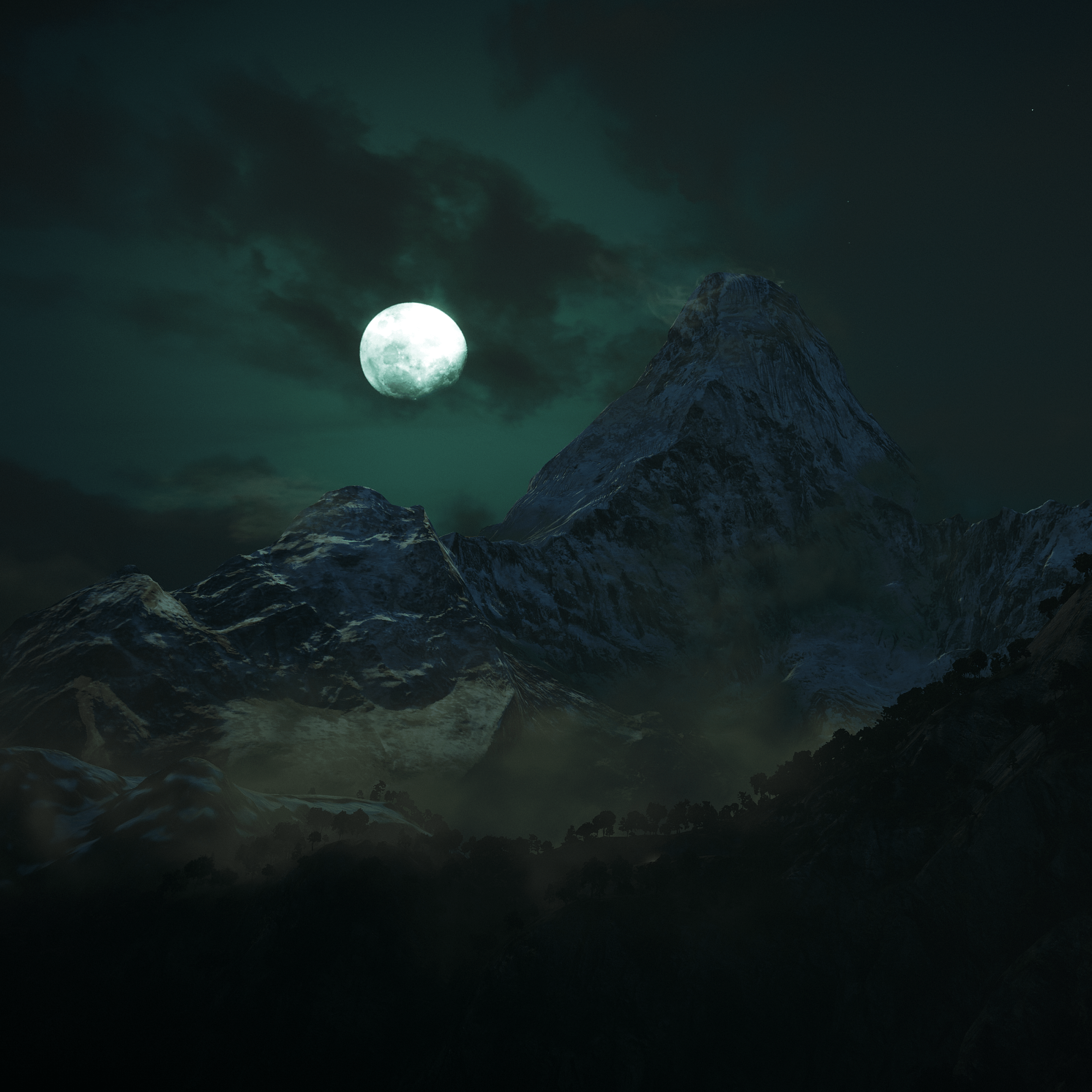 2560x2560 Moon Wallpaper 4K, Mountains, Night, Dark, Forest, Nature