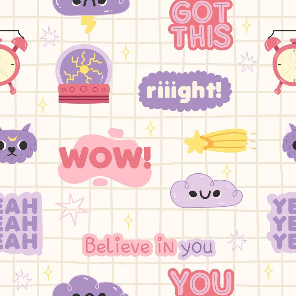 980x980 Kids friendly seamless pattern with cute cartoon motivation quotes, cat, star, comet, alarm in the background in a cage in japan kawaii style with smile. Background, wallpaper, wrapping, textile 21309395 Vector