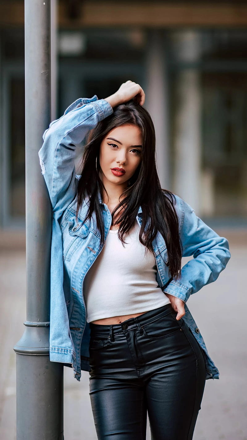 800x1422 Lonely girl, bonito, beauty, dark hair, jeans, jeans jacket, leather pants, pretty, HD phone wallpaper