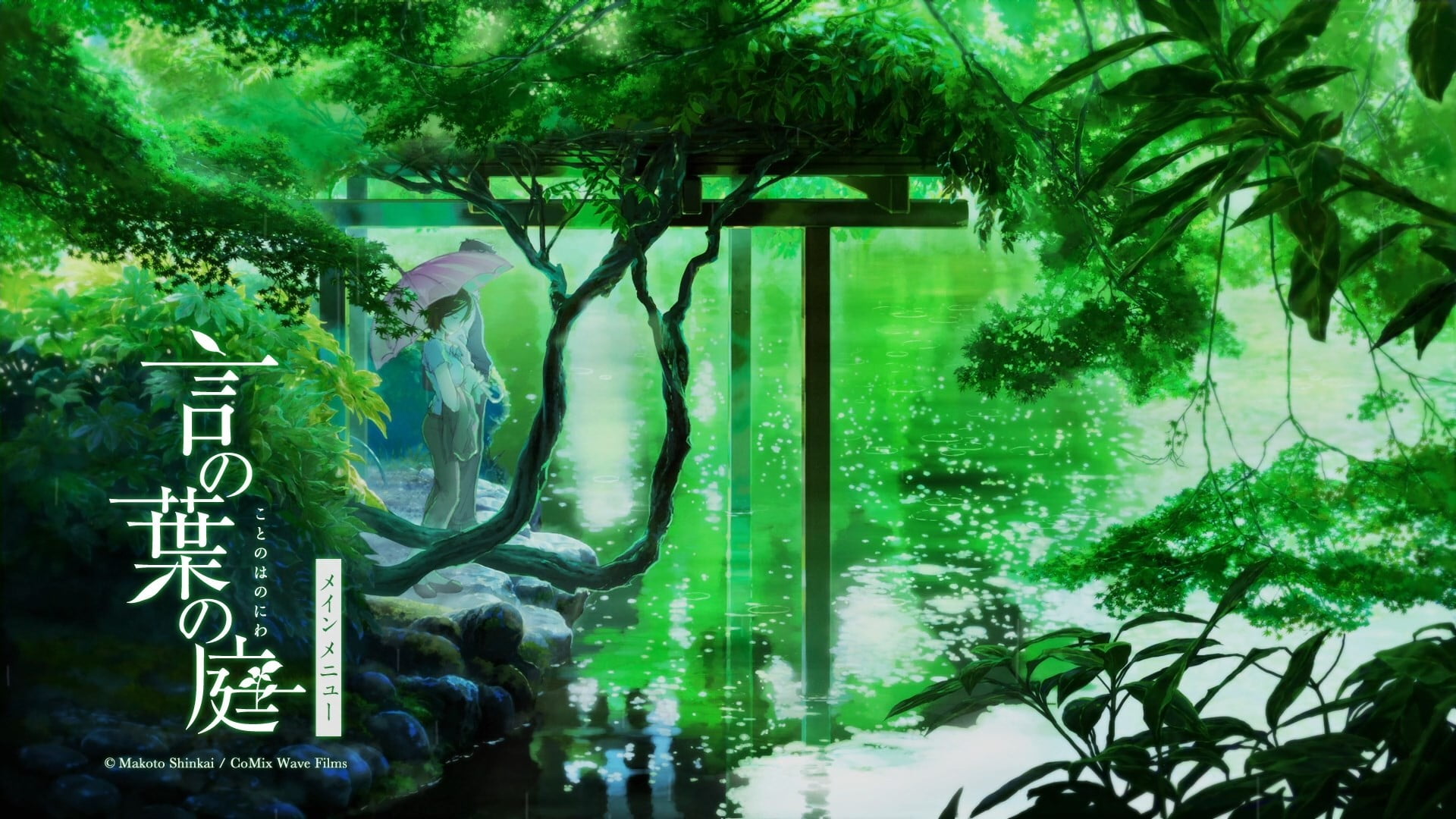 1920x1080 Green treeas, landscape, The Garden of Words, Makoto Shinkai HD wallpaper
