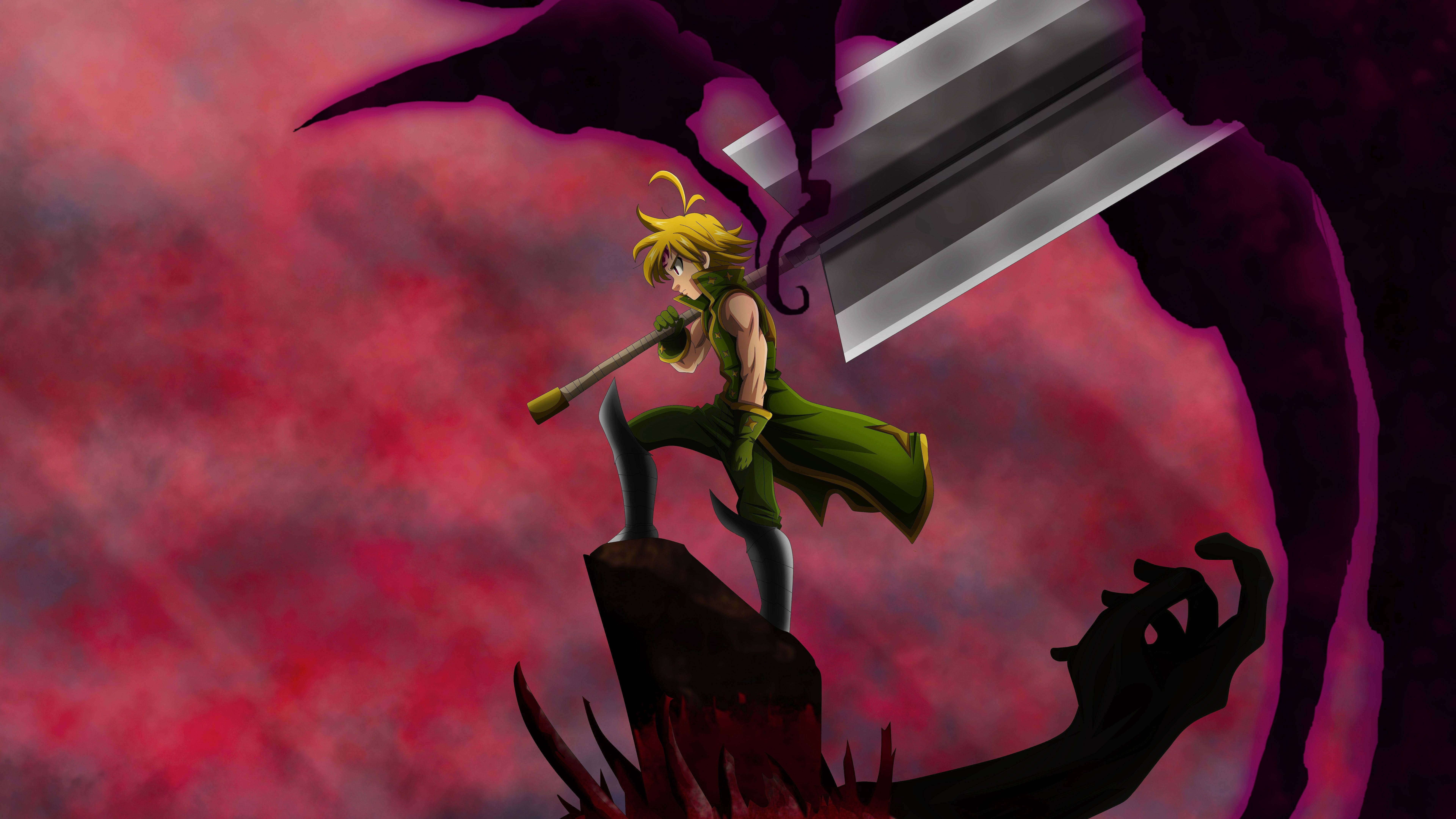 7680x4320 Download Meliodas wielding his giant sword in a battle against the Seven Deadly Sins Wallpaper