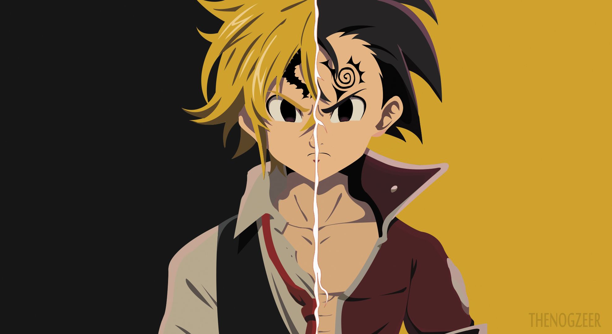 1980x1080 Desktop wallpaper: Tattoo, Minimalist, Meliodas (The Seven Deadly Sins), The Seven Deadly Sins, Zeldris (The Seven Deadly Sins), Anime, Black Eyes, Black Hair, Blonde 4K free download for PC. 920819