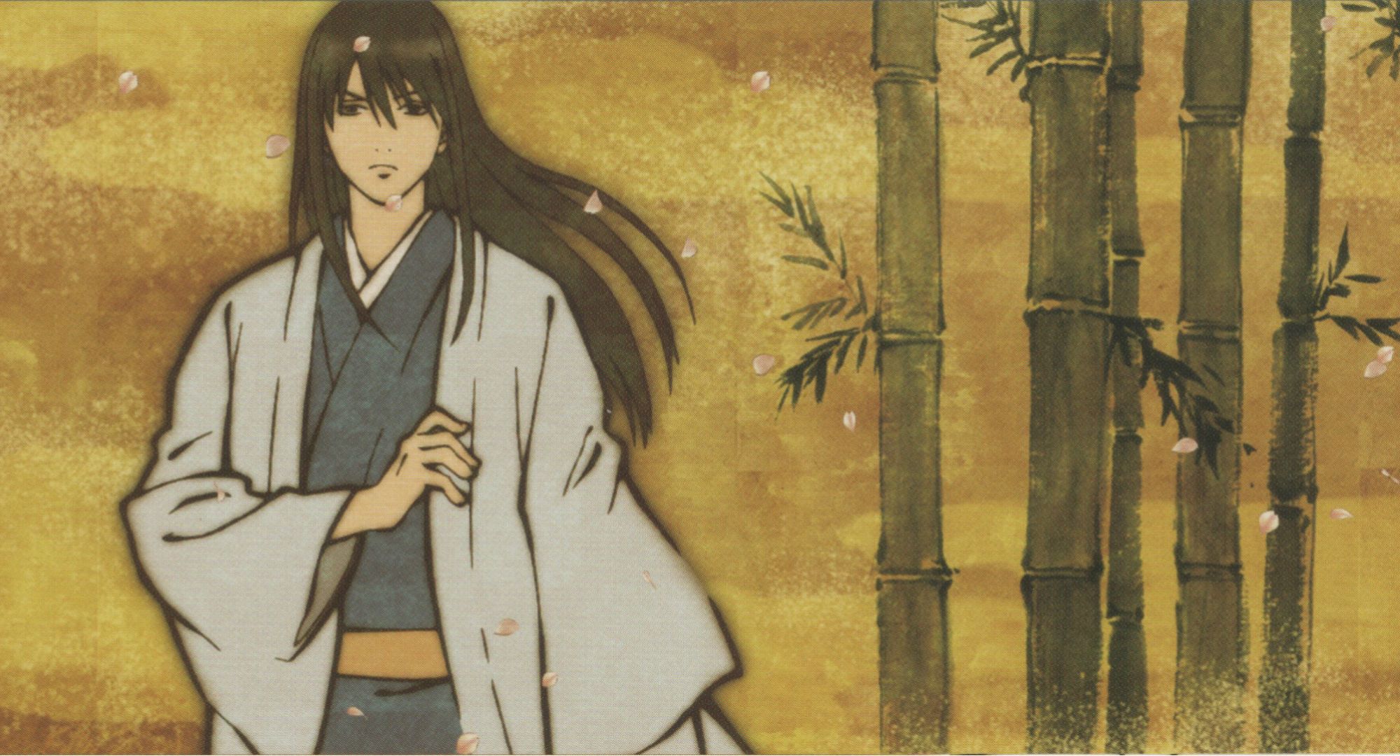2000x1080 Wallpaper bamboo, petals, samurai, kimono, gintama, Gintama, kotarou katsura, Silver Soul for mobile and desktop, section сёнэн, resolution 2000x1080