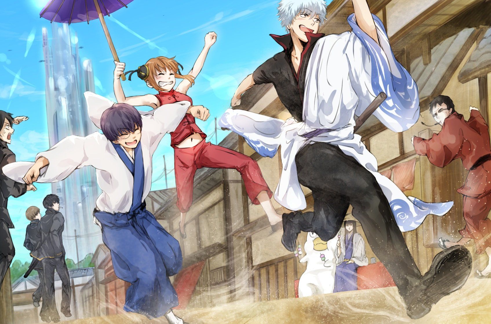 1695x1118 brown, Hair, Cigarette, Conone, Gintama, Glasses, Group, Hasegawa, Taizo, Katsura, Kotaro, Male, Navel, Okita, Sougo, Short, Hair, Umbrella, Uniform, White, Hair Wallpaper HD / Desktop and Mobile Background