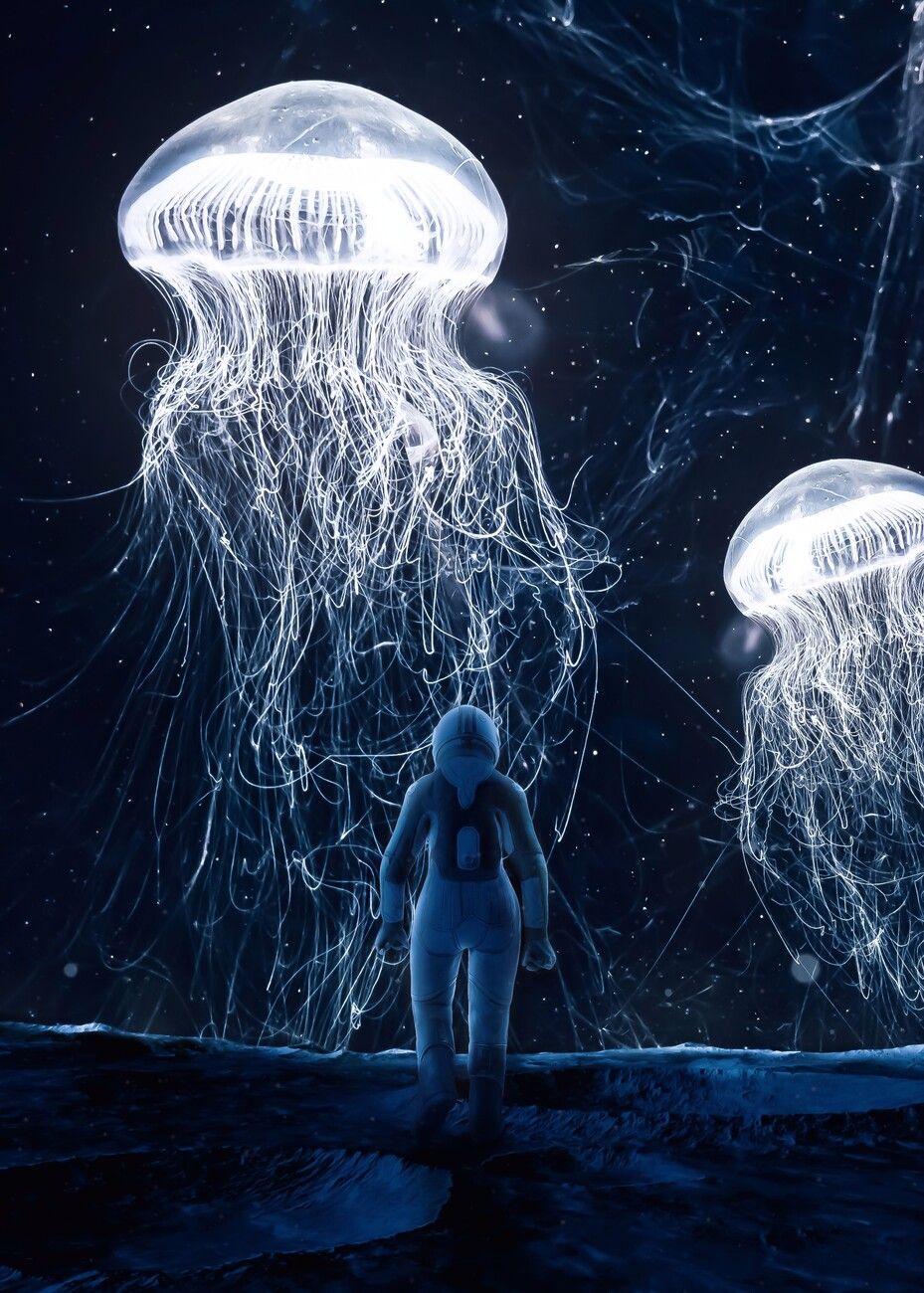 929x1300 Poster Astronaut meets jellyfish from space universe
