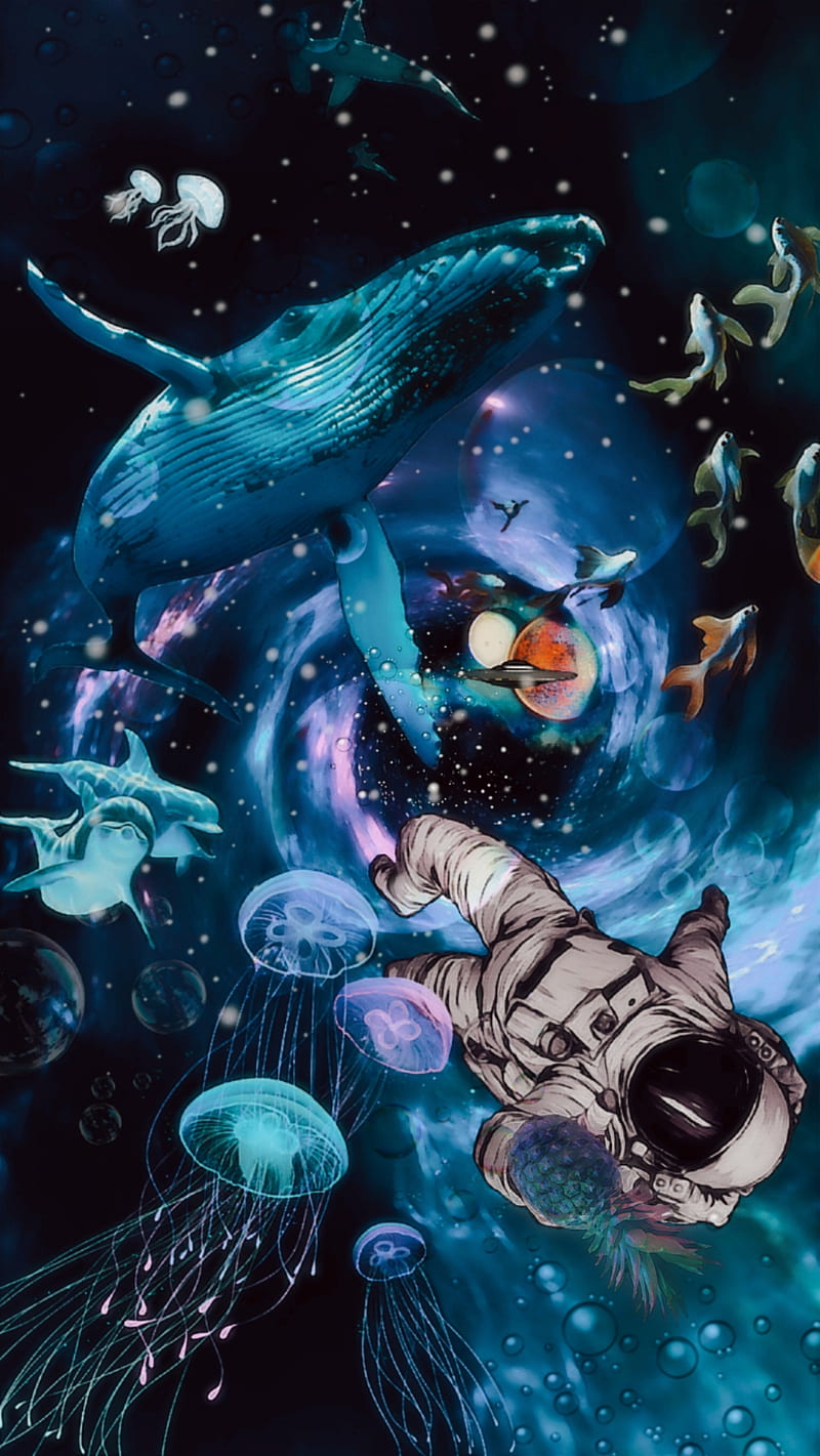 800x1421 Marooned in space, astronaut, jellyfish, ocean, pineapple dolphins, space, ufo, HD phone wallpaper