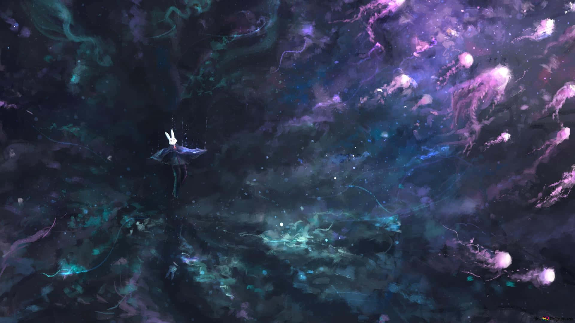 1920x1080 Download a painting of a jellyfish in a purple and blue space Wallpaper