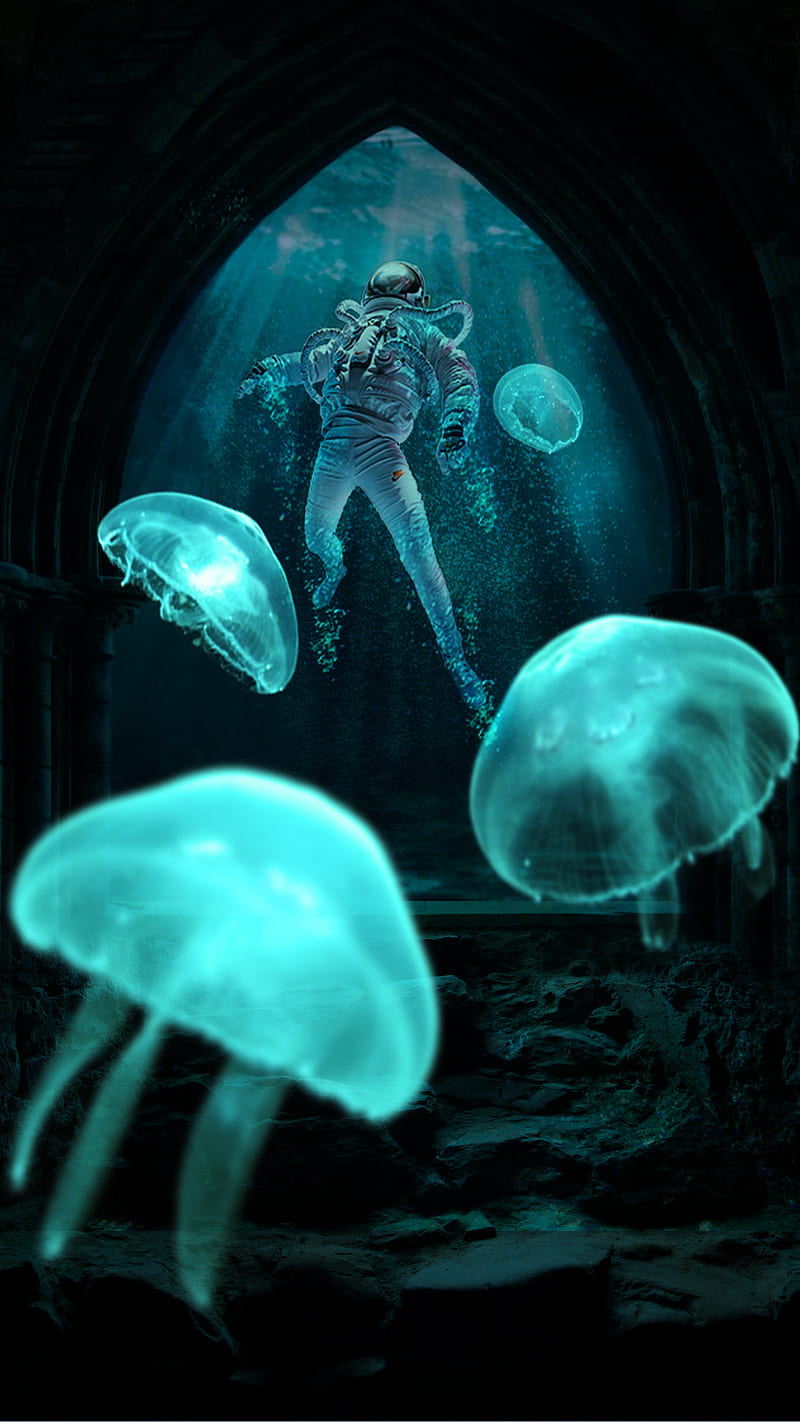 800x1422 Astronaut, art, background, blue, color, jellyfish, space, underwater, water, HD phone wallpaper