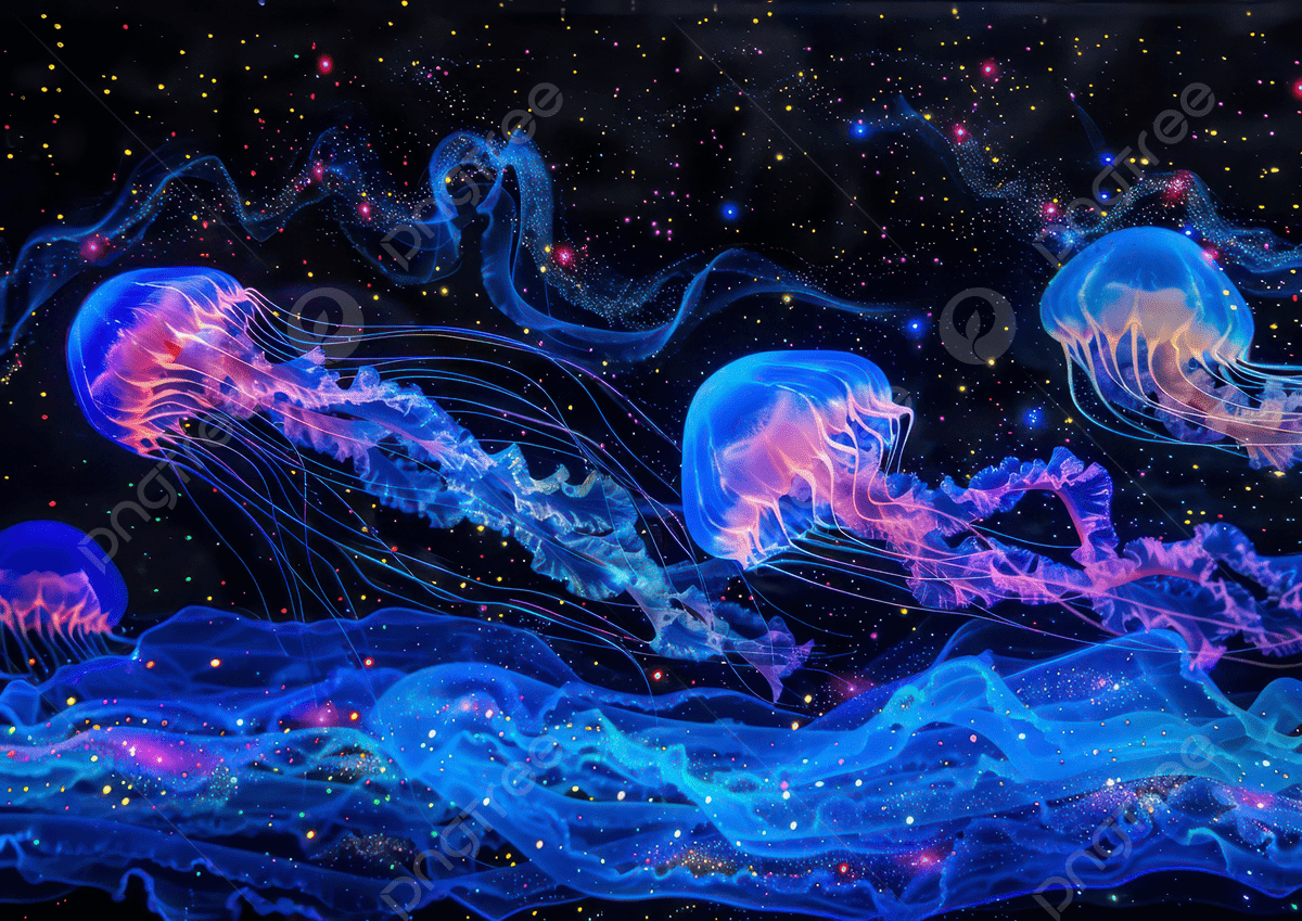 1200x849 A Vibrant Underwater Scene Featuring Glowing Jellyfish Against Starry Cosmic Background, Jellyfish, Blue, Glow Background Image And Wallpaper for Free Download