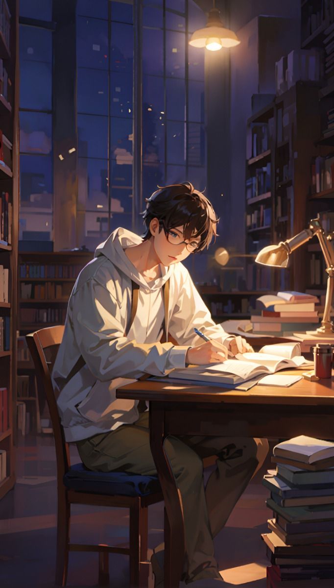682x1200 college student up late studying for a big test in a library, anime