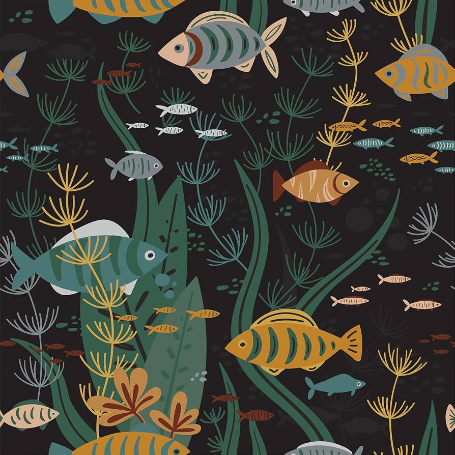 894x894 VaryStyle Ocean Fish Wallpaper Underwater World Seagrass Coral Fish Peel And Stick Wallpaper Coastal Cartoon Contact Paper For Cabinets Walls 17.7x118 Removable Dark Wallpaper For Kids Room Bathroom