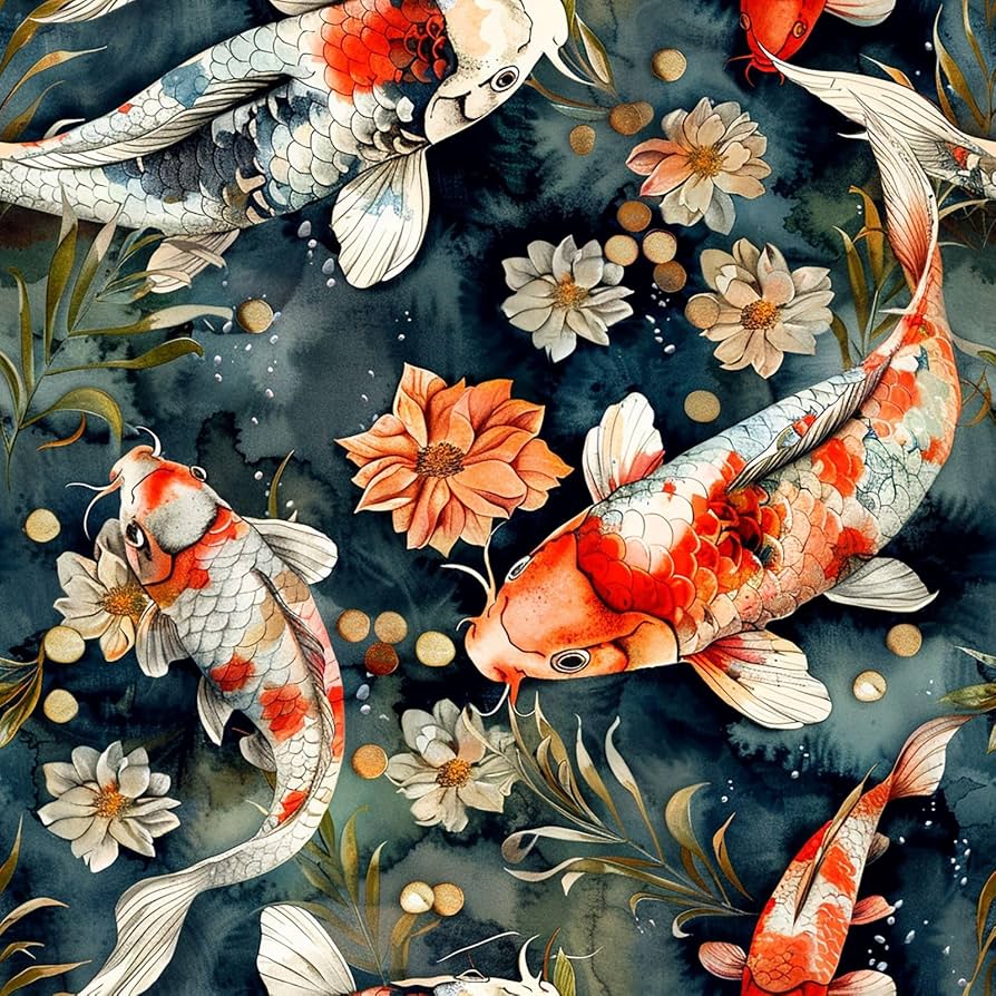 894x894 KDGHORMY Red Chinoiserie Fish Floral Wallpaper Self Adhesive Peel and Stick Watercolor Vintage Vivid koi Leaf Contact Paper Removable Waterproof for Bedroom Renter Friendly 17.71x 118.1