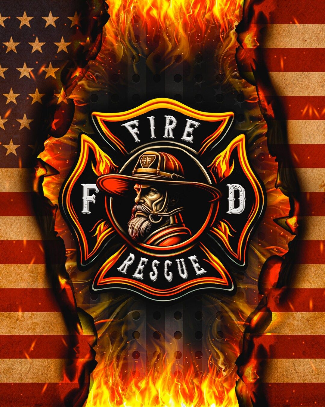 1080x1350 Fireman FD Rescue Symbol With Burning American Flag Background Wreath Sign 8 X 10 Square Sublimation Occupational Everyday Decor