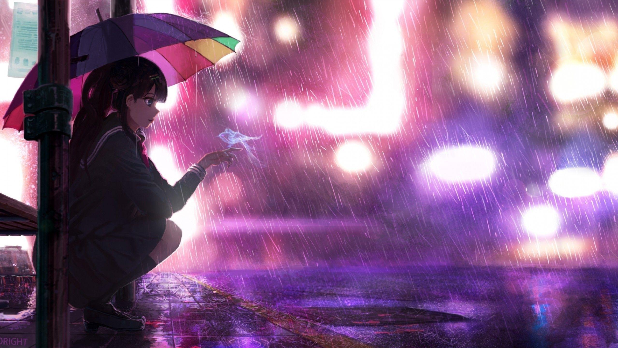 2560x1440 Download 2560x1440 Blurry, Anime School Girl, Umbrella, Neon Lights, Photographic Wallpaper for iMac 27 inch