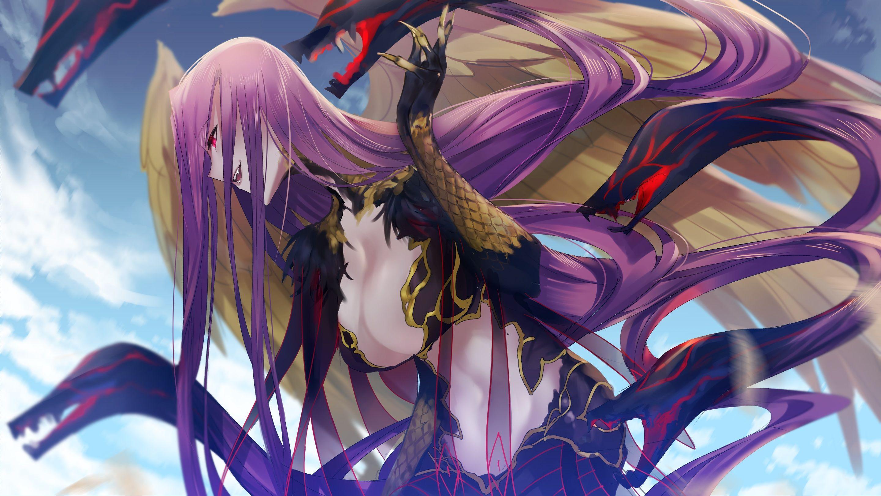 2880x1620 Animal Breasts Cleavage Clouds Fang Fate Grand Order Fate (series) Gorgon (fate) Muneomon (takomon) Pink Eyes Purple Hair Sky Snake Wings. Konachan.com.com Anime Wallpaper