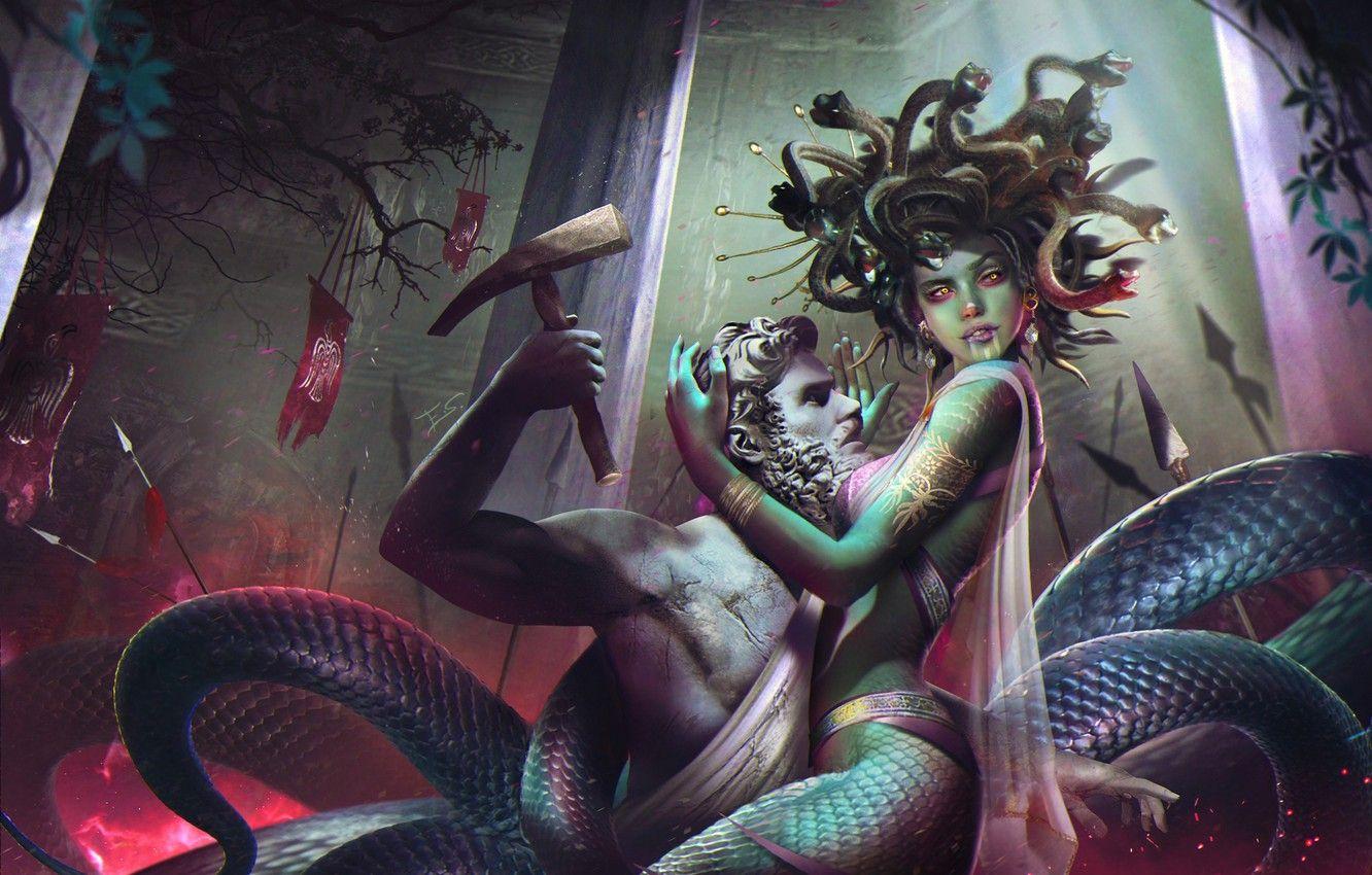 1332x850 Wallpaper snakes, woman, statue, monster, art, myth, The Gorgon Medusa, medusa gorgon image for desktop, section фантастика