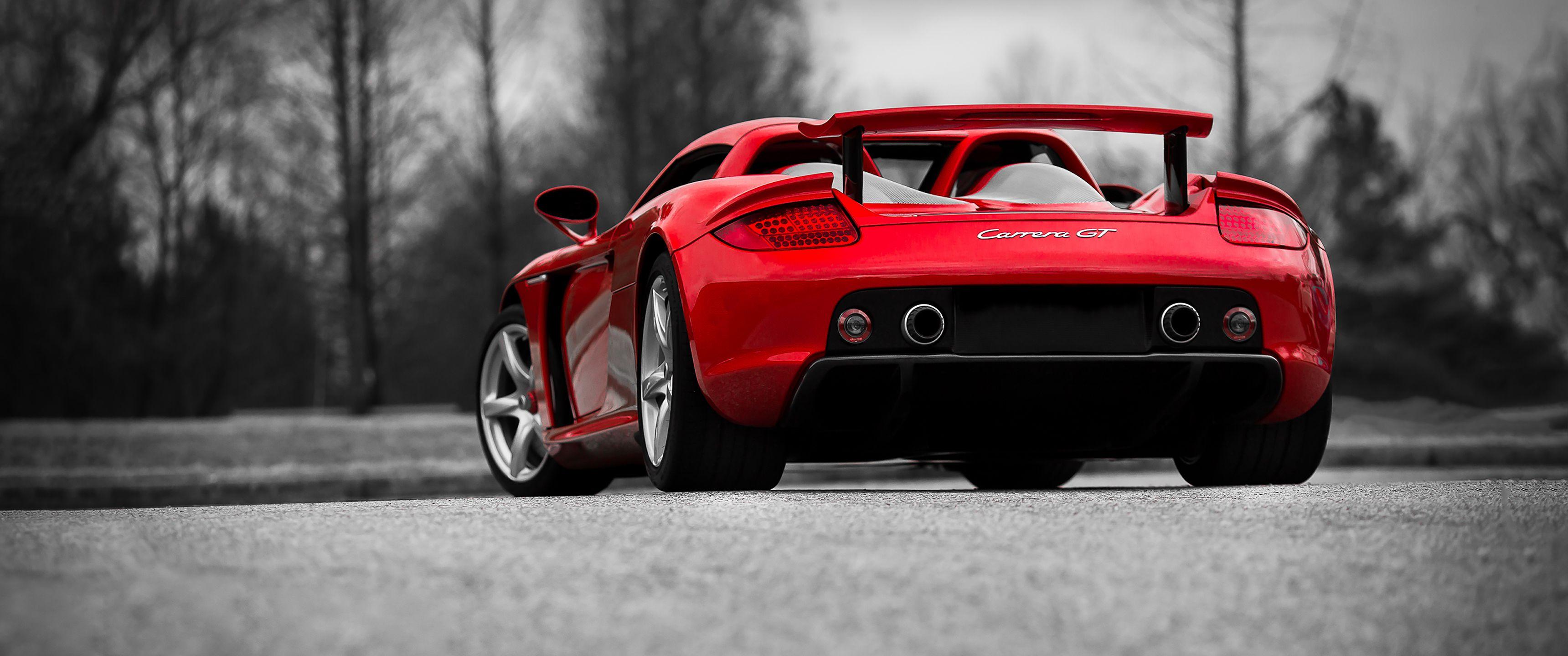 3440x1440 Car, Red, Monochrome, Porsche, Porsche Carrera GT, Ultrawide, Ultra Widex1440 Wallpaper