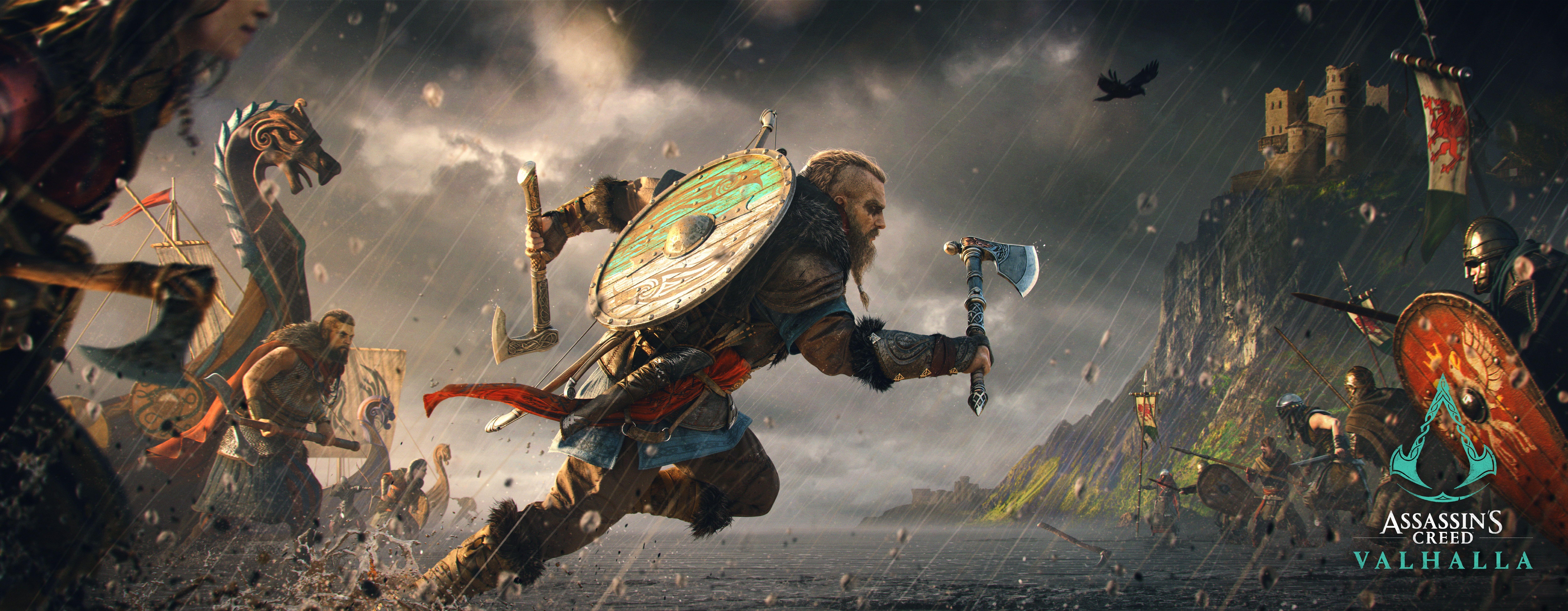 10000x3896 Assassin's Creed: Valhalla video games video game art digital art #viking #Axe #boat #ultrawide #ul. Assassin's creed wallpaper, Assassin's creed, Assassins creed