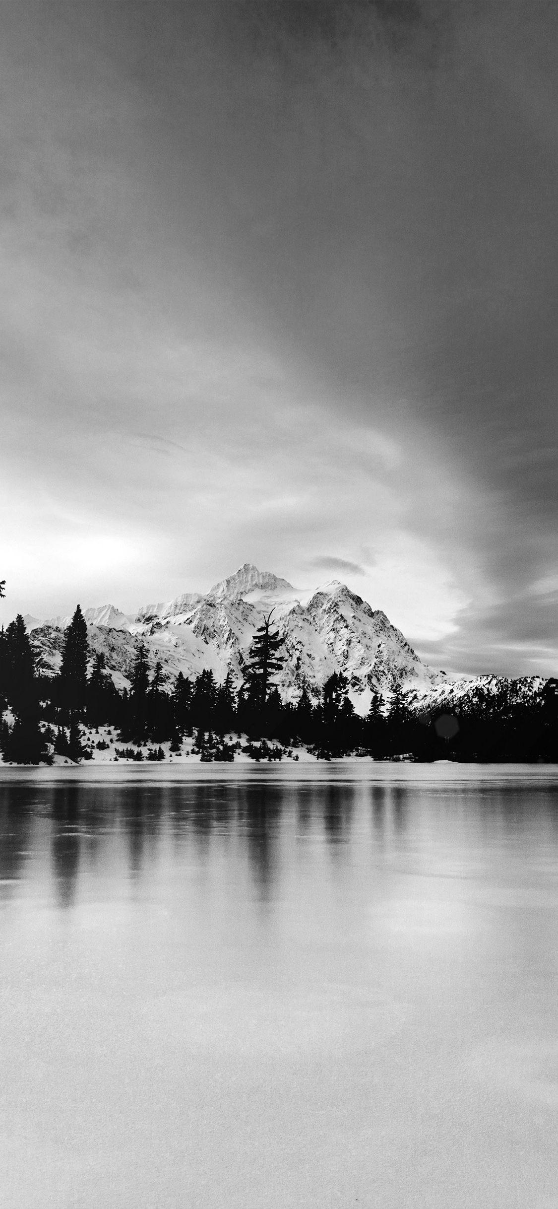 1125x2436 iPhone X wallpaper. frozen lake winter snow wood forest cold bw dark