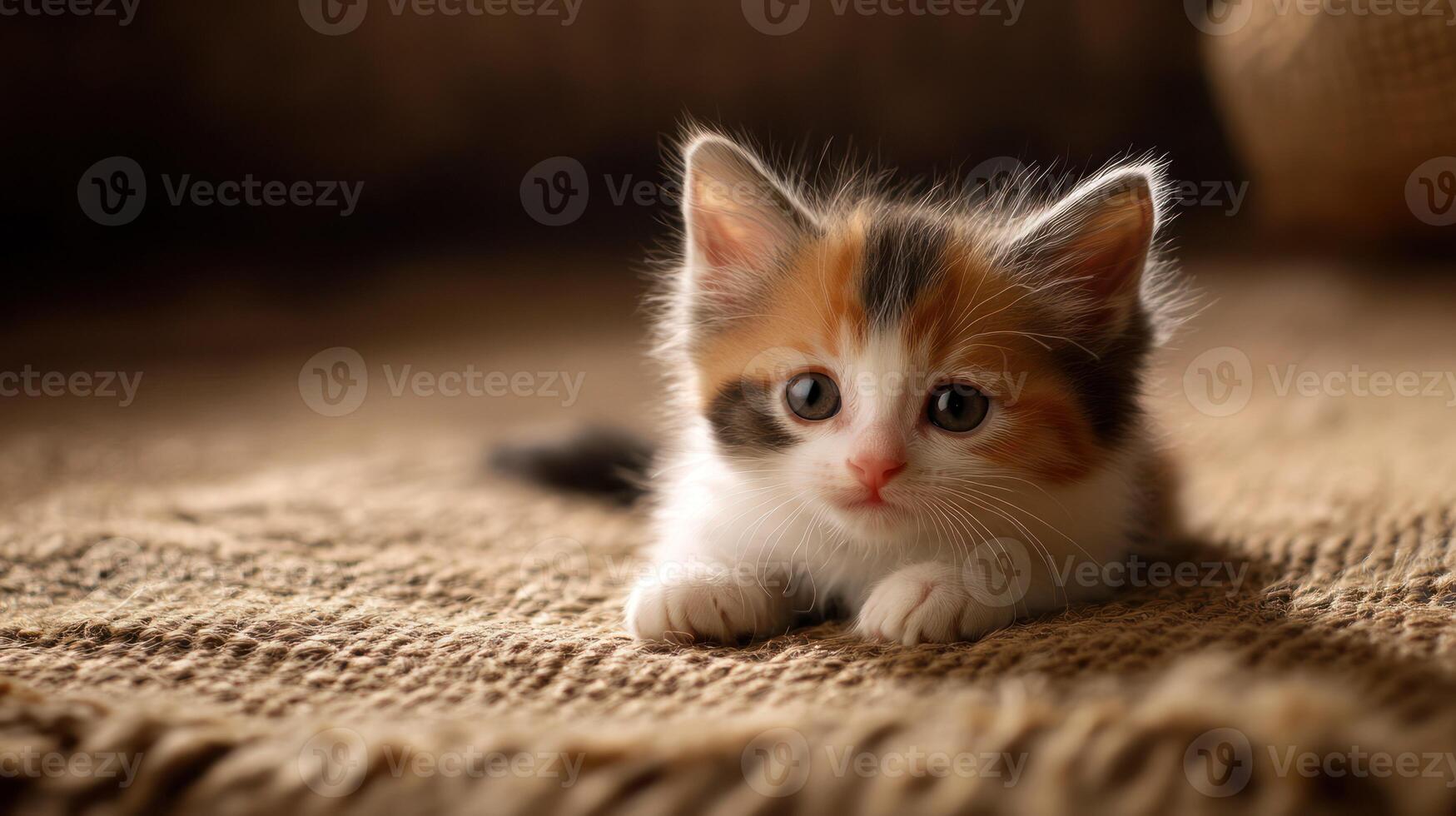 1749x980 Close up of a cute calico kitten resting indoors
