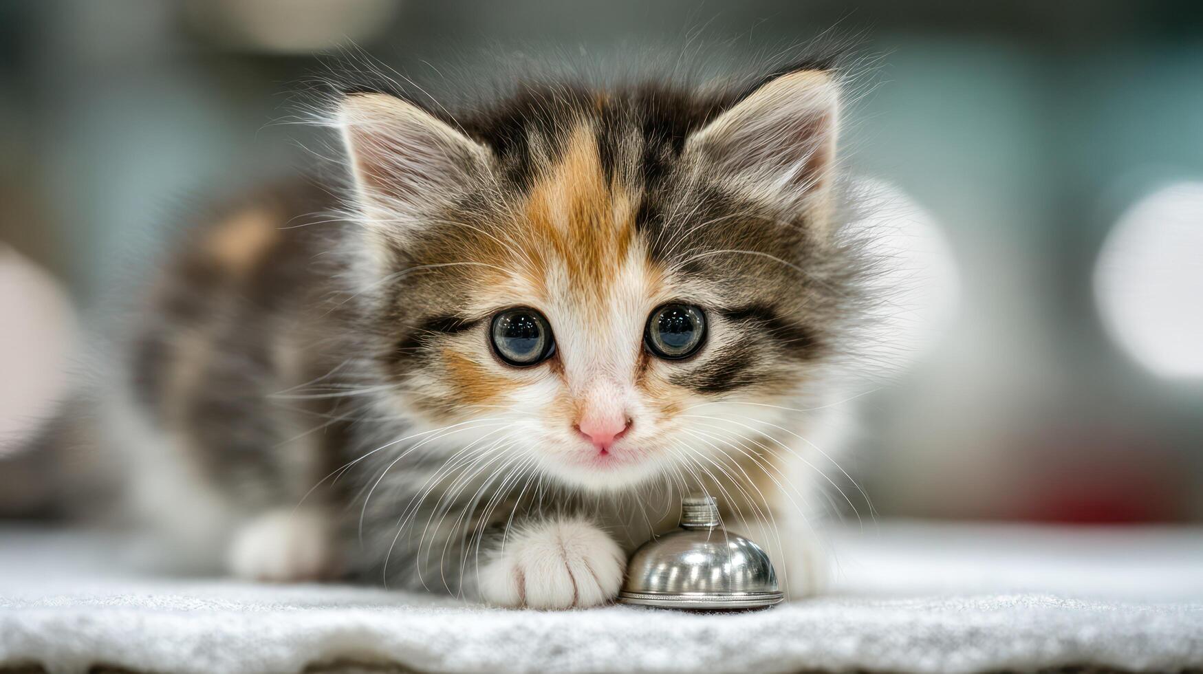 1749x980 Adorable Calico Kitten with a Silver Service Bell Close Up