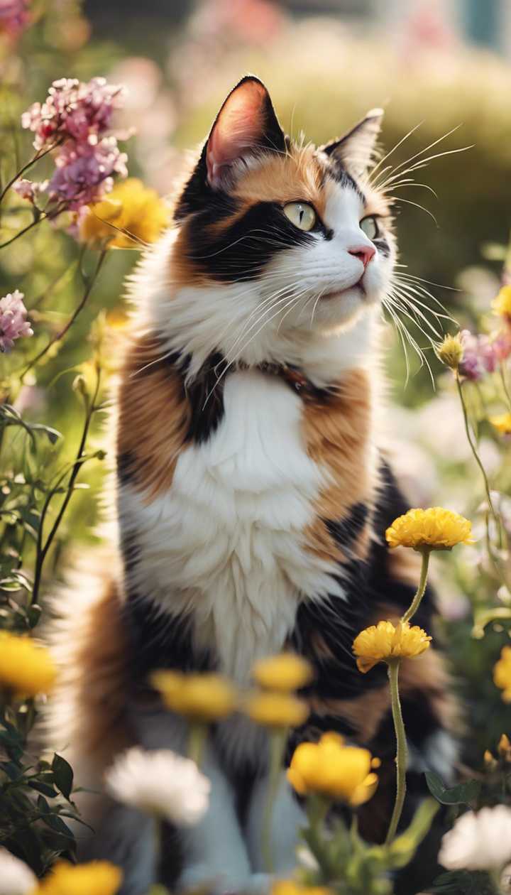 720x1260 A playful calico cat in a sunny garden, surrounded by blooming flowers. Wallpaper [08ceb0a4a8e447b6a1f2]
