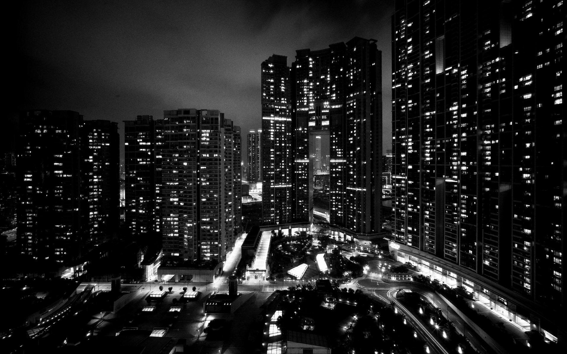 1920x1200 photography, Urban, Building, Monochrome, Night, Lights, City, Street Wallpaper HD / Desktop and Mobile Background