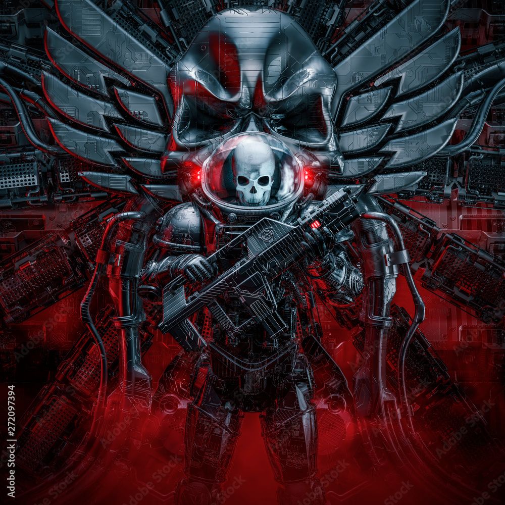 1000x1000 Photography Poster Sentry skeleton military astronaut / 3D illustration of science fiction scene sh