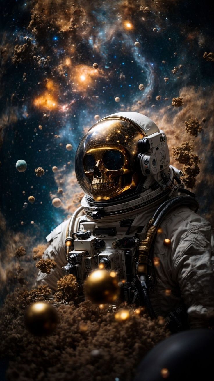 736x1308 Wallpaper cosmonaut, skull, skeleton, golden, cosmos, ai, art, AI 4K by ♤CRISTIAN♧¿. Download wallpaper cosmonaut, skull, skeleton, golden, cosmos, ai, art for free
