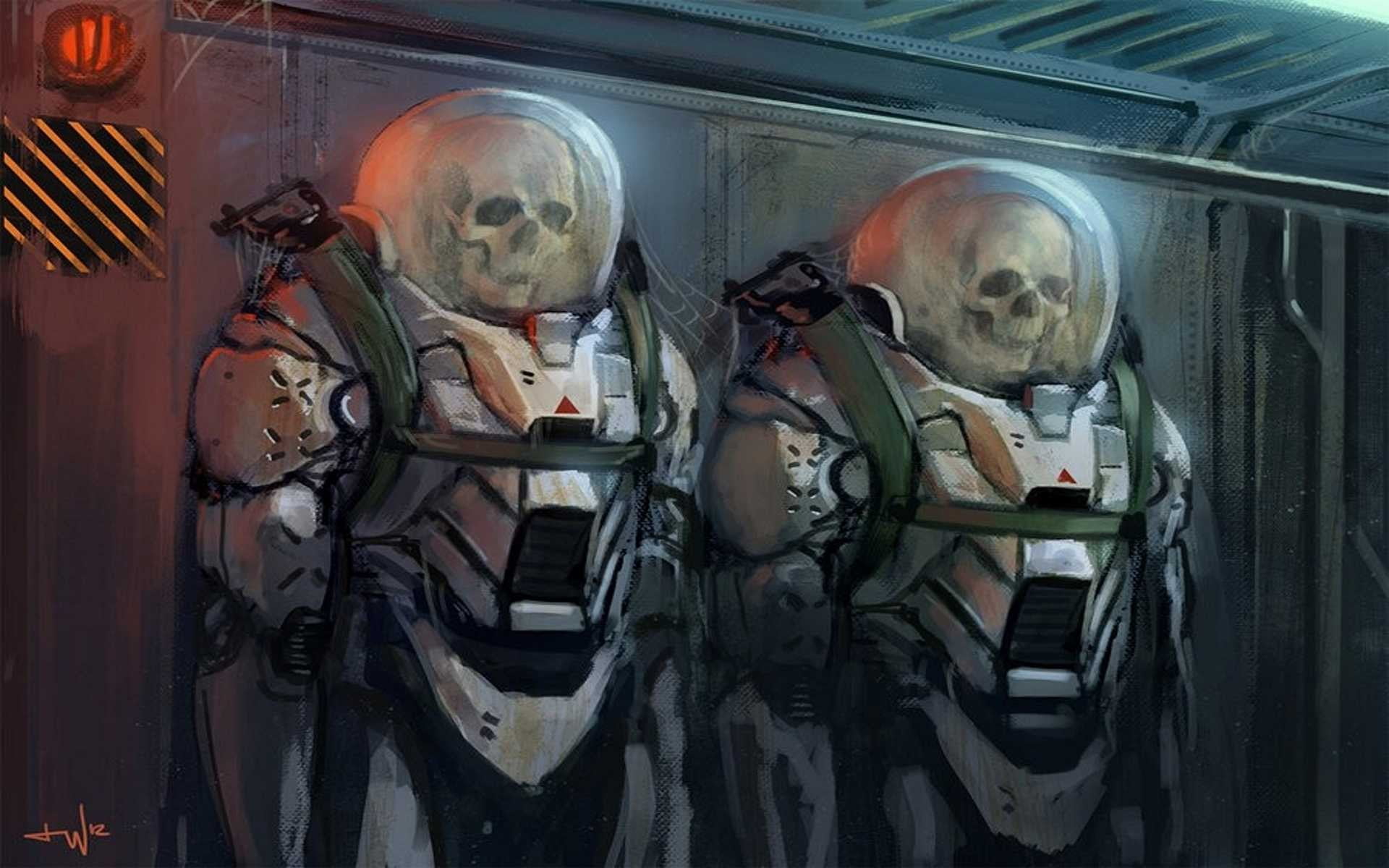 1920x1200 Two black space suits, skull, space suit HD wallpaper