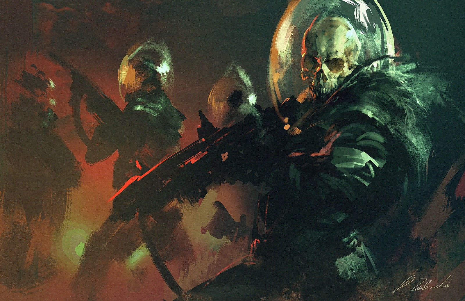 1600x1035 Skeleton wearing armor suit and rifle digital wallpaper, artwork, fantasy art, concept art, space HD wallpaper