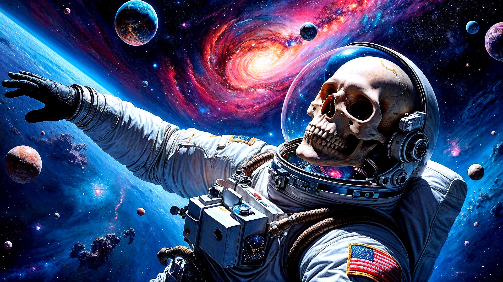 1920x1080 Skeletal Astronaut in Cosmic Colorful Space Scene. Deep Dream Generator