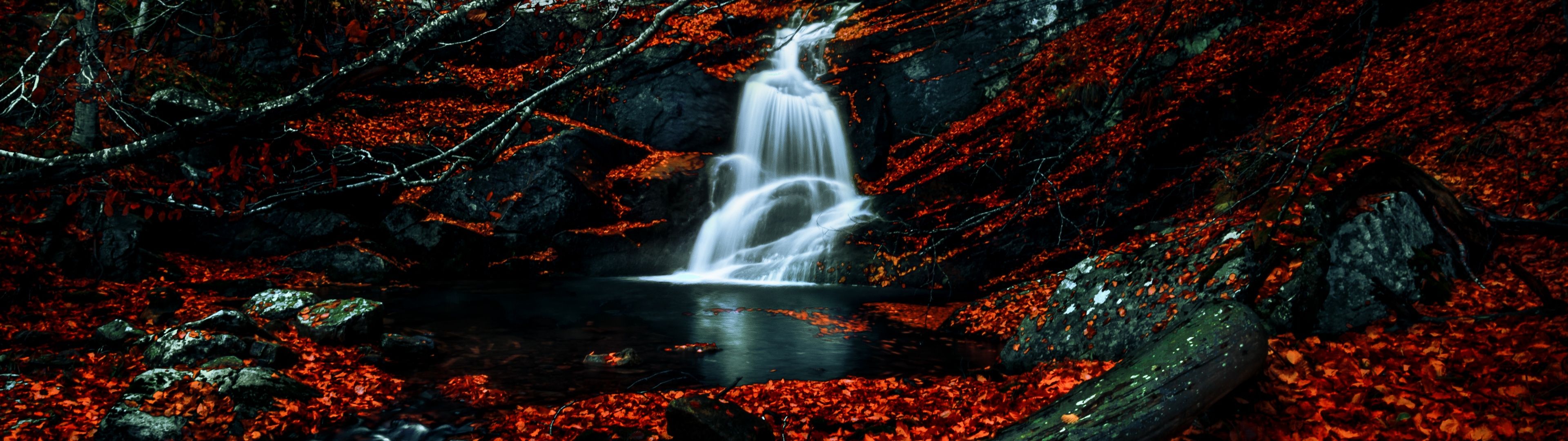 3840x1080 Waterfalls Wallpaper 4K, Autumn, Dark Forest, Foliage