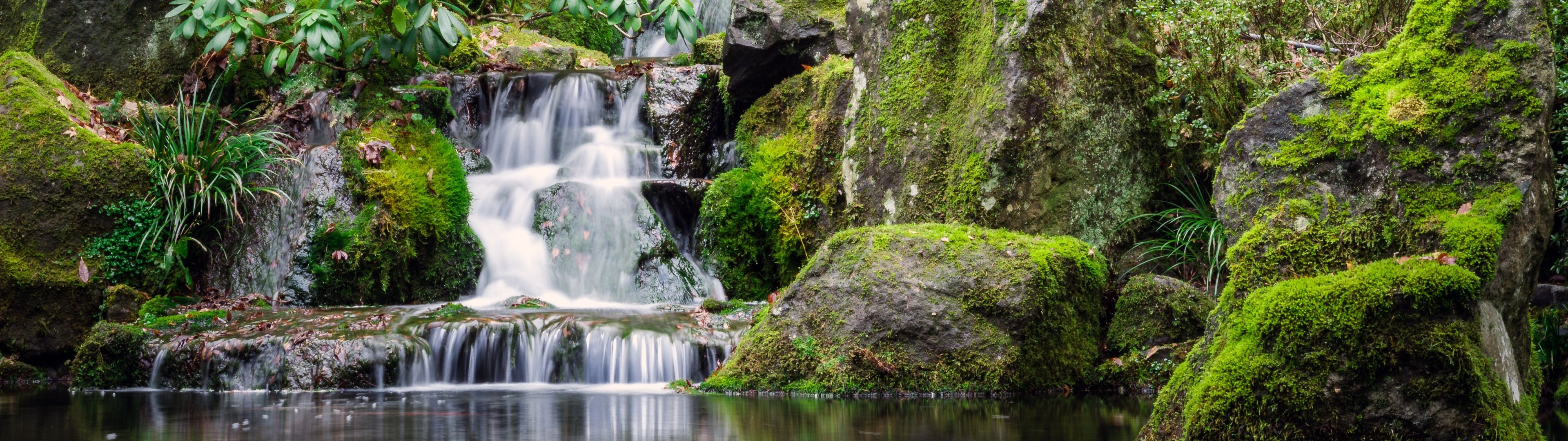3840x1080 Portland Japanese Gardens Wallpaper 4K, Waterfalls, Green Moss