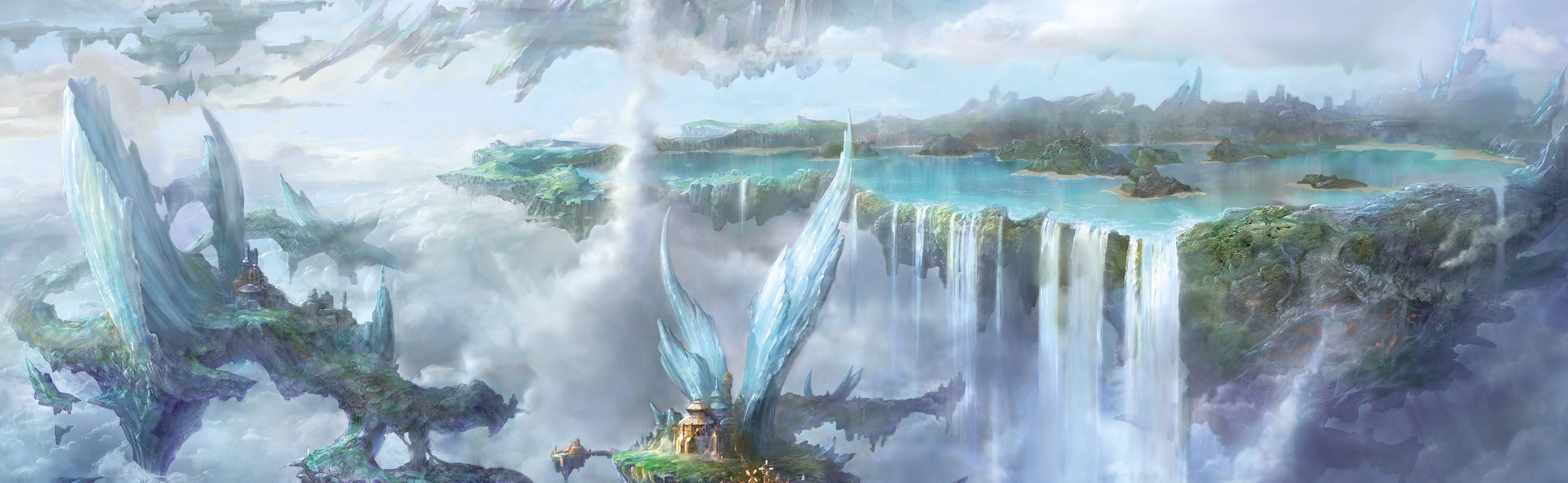 3824x1179 Download a fantasy painting of a waterfall and a castle Wallpaper