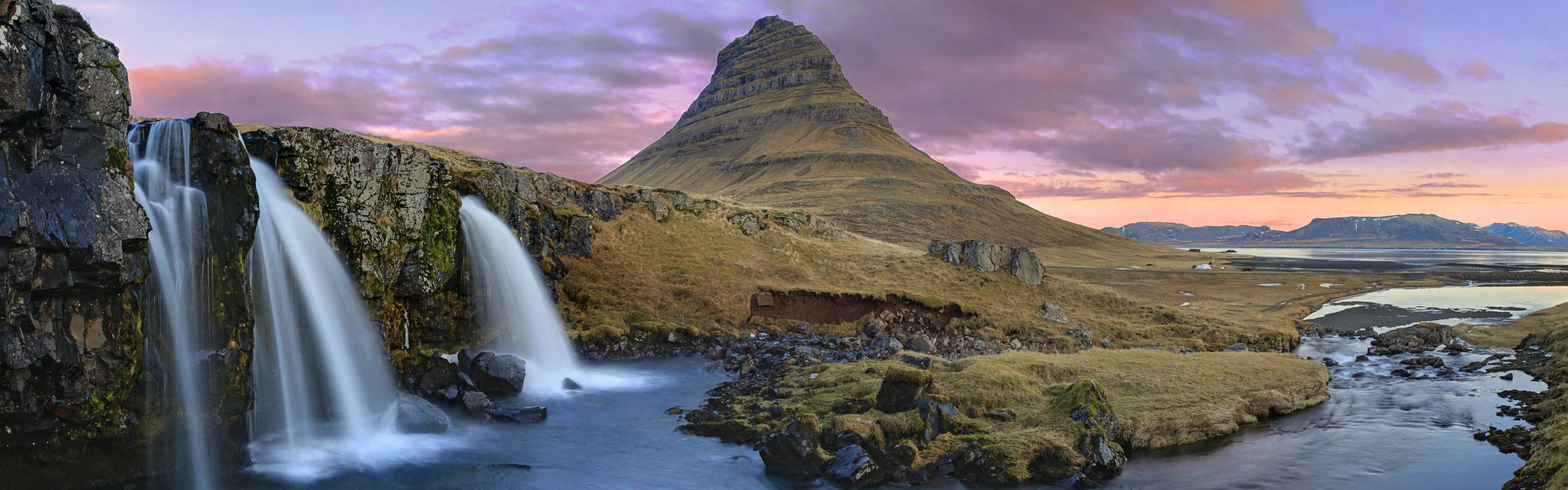 3840x1200 Wallpaper Mountain and waterfalls, dusk, clouds, Iceland 3840x1200 Multi Monitor Panorama Picture, Image