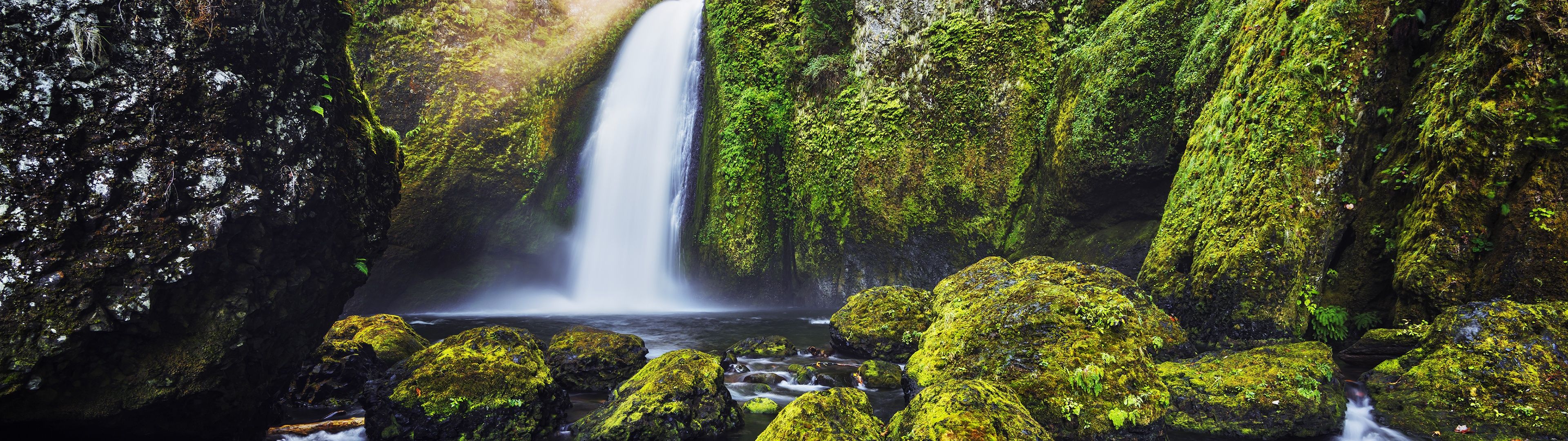 3840x1080 Waterfalls Wallpaper 4K, Green Moss, Water Stream