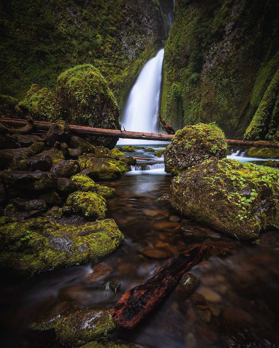 910x1138 HD wallpaper: waterfall with moss, scenics, rock, flowing water, motion